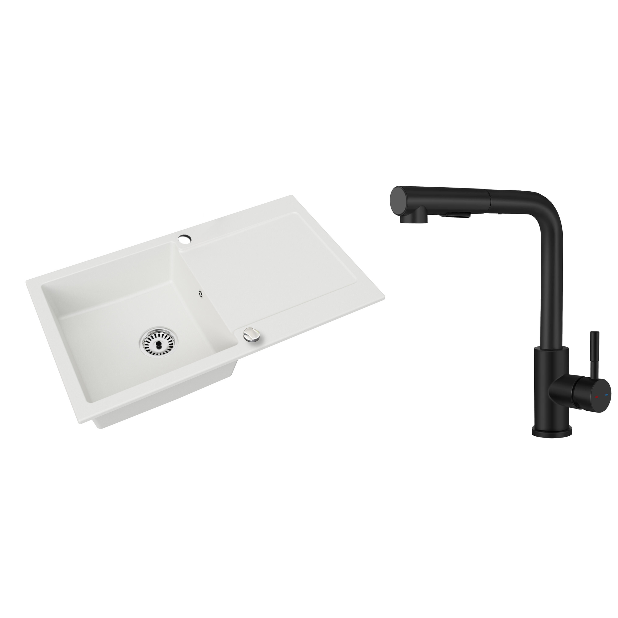 Granitspüle Element mit Abtropffläche – Einbauspüle beidseitig montierbar, inkl. Siphon Mit Armatur