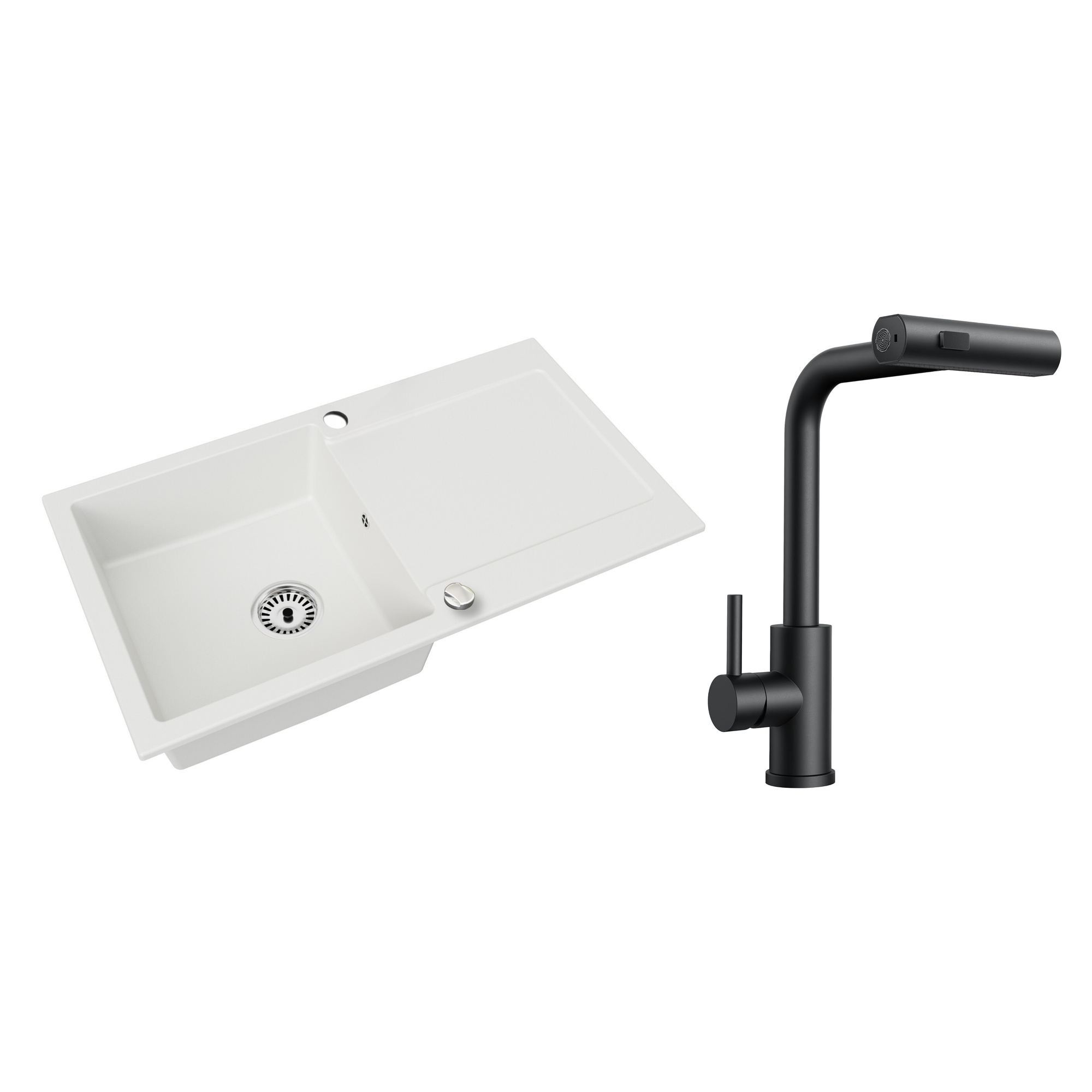 Granitspüle Element mit Abtropffläche – Einbauspüle beidseitig montierbar, inkl. Siphon Mit Armatur