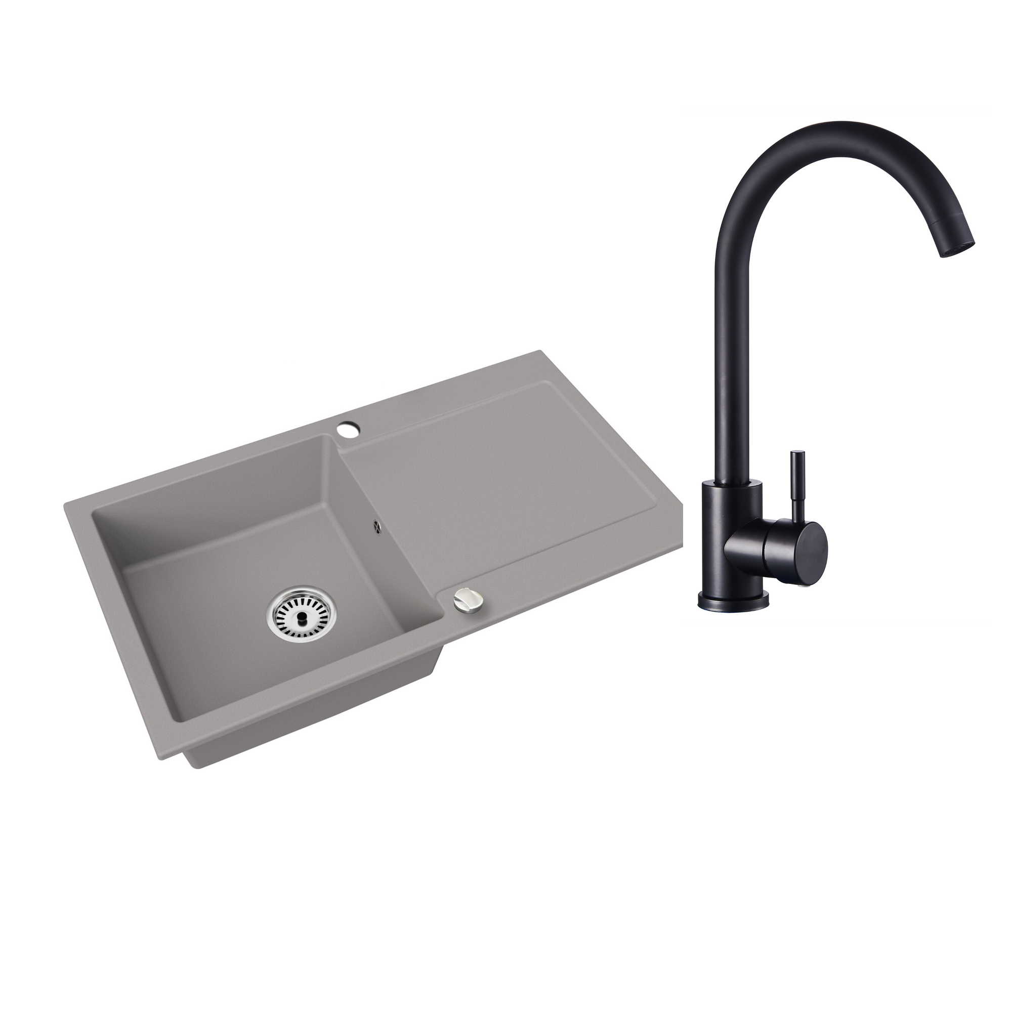Granitspüle Element mit Abtropffläche – Einbauspüle beidseitig montierbar, inkl. Siphon Mit Armatur