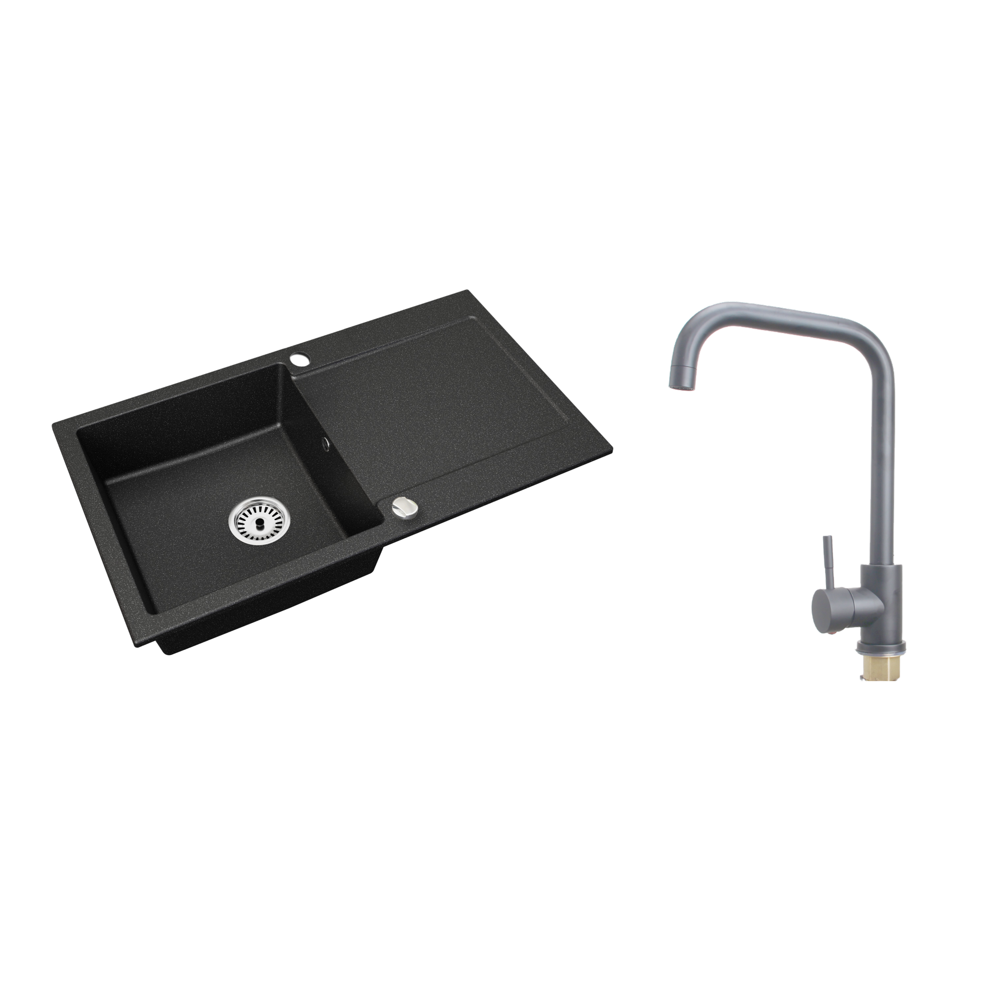 Granitspüle Element mit Abtropffläche – Einbauspüle beidseitig montierbar, inkl. Siphon Mit Armatur