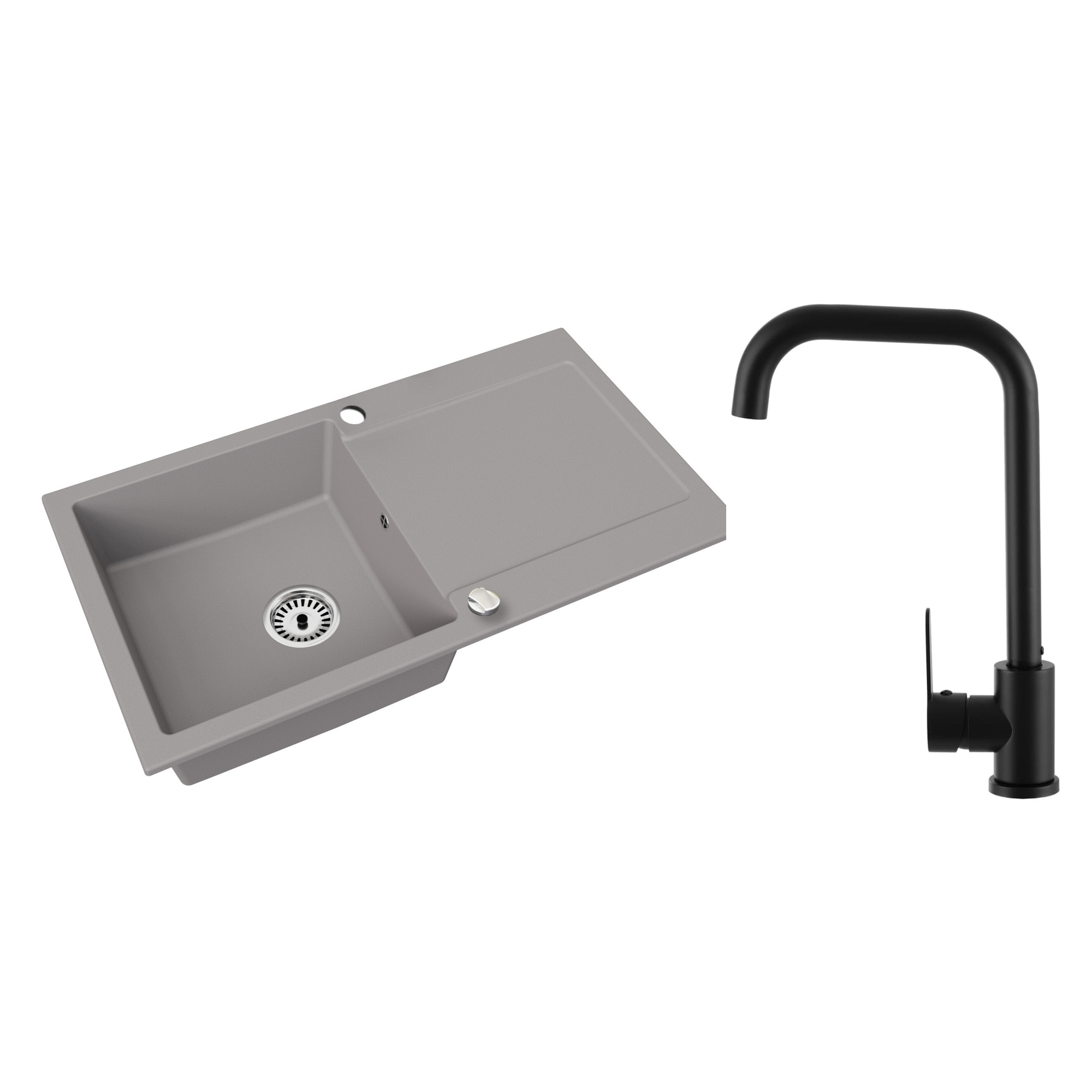 Granitspüle Element mit Abtropffläche – Einbauspüle beidseitig montierbar, inkl. Siphon Mit Armatur