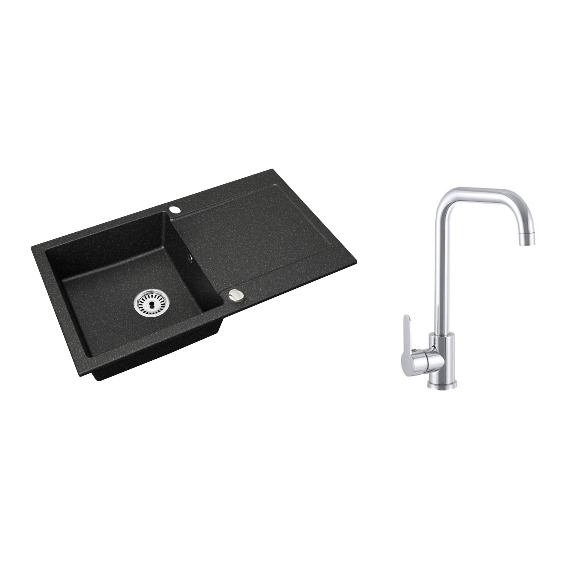 Granitspüle Element mit Abtropffläche – Einbauspüle beidseitig montierbar, inkl. Siphon Mit Armatur