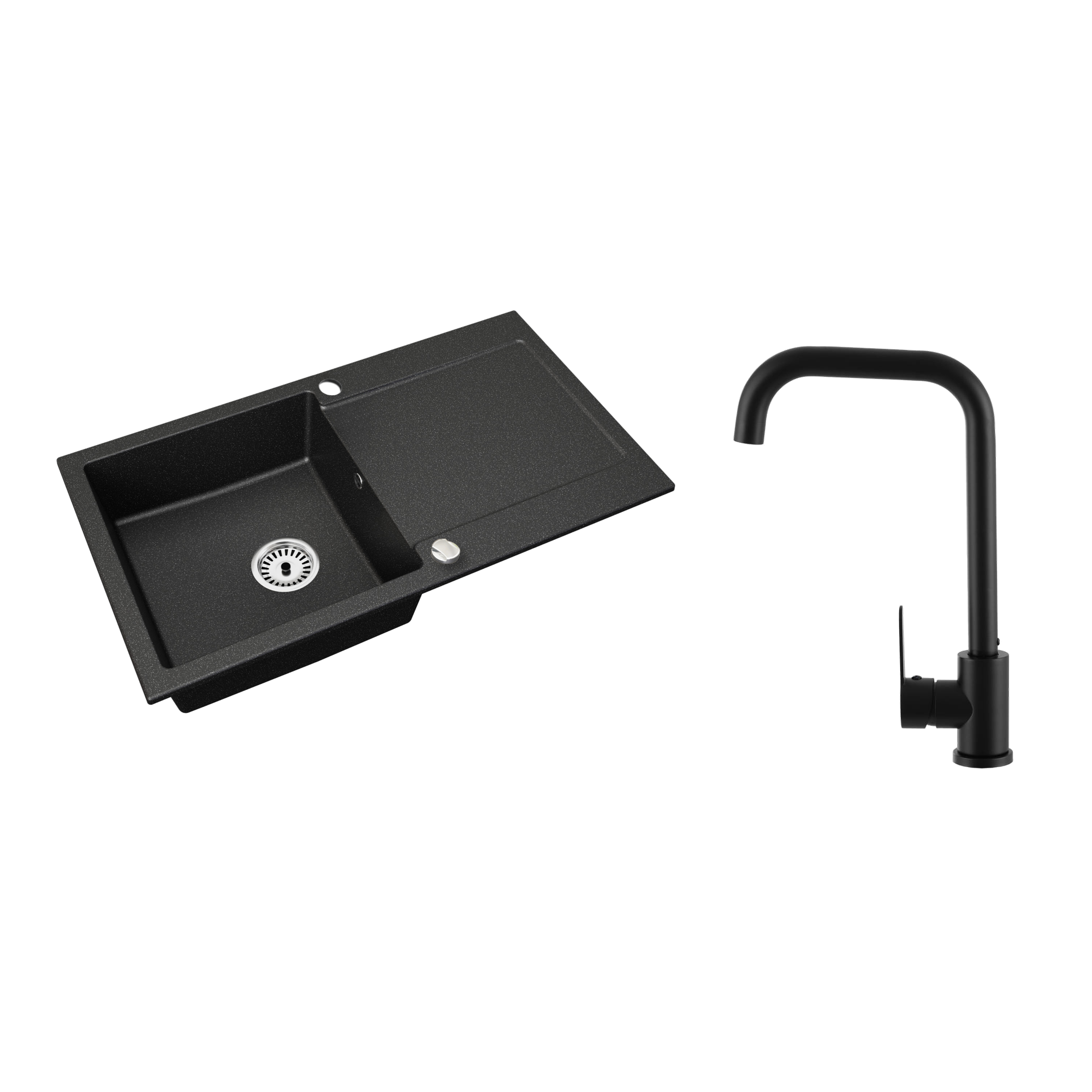 Granitspüle Element mit Abtropffläche – Einbauspüle beidseitig montierbar, inkl. Siphon Mit Armatur