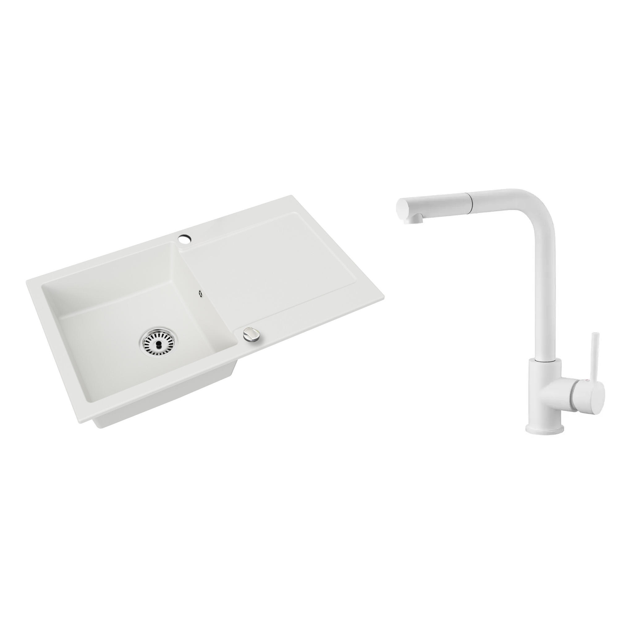 Granitspüle Element mit Abtropffläche – Einbauspüle beidseitig montierbar, inkl. Siphon Mit Armatur