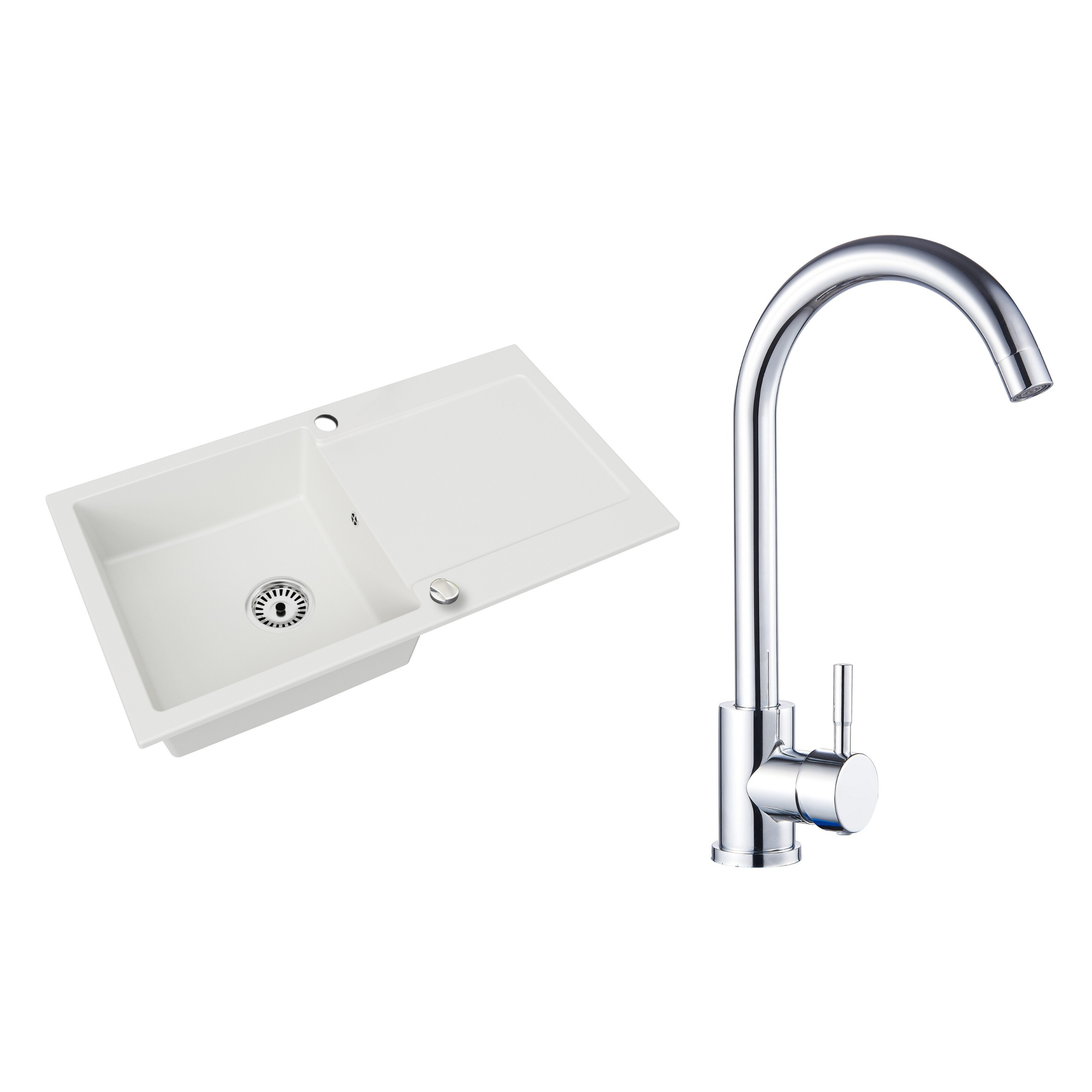 Granitspüle Element mit Abtropffläche – Einbauspüle beidseitig montierbar, inkl. Siphon Mit Armatur