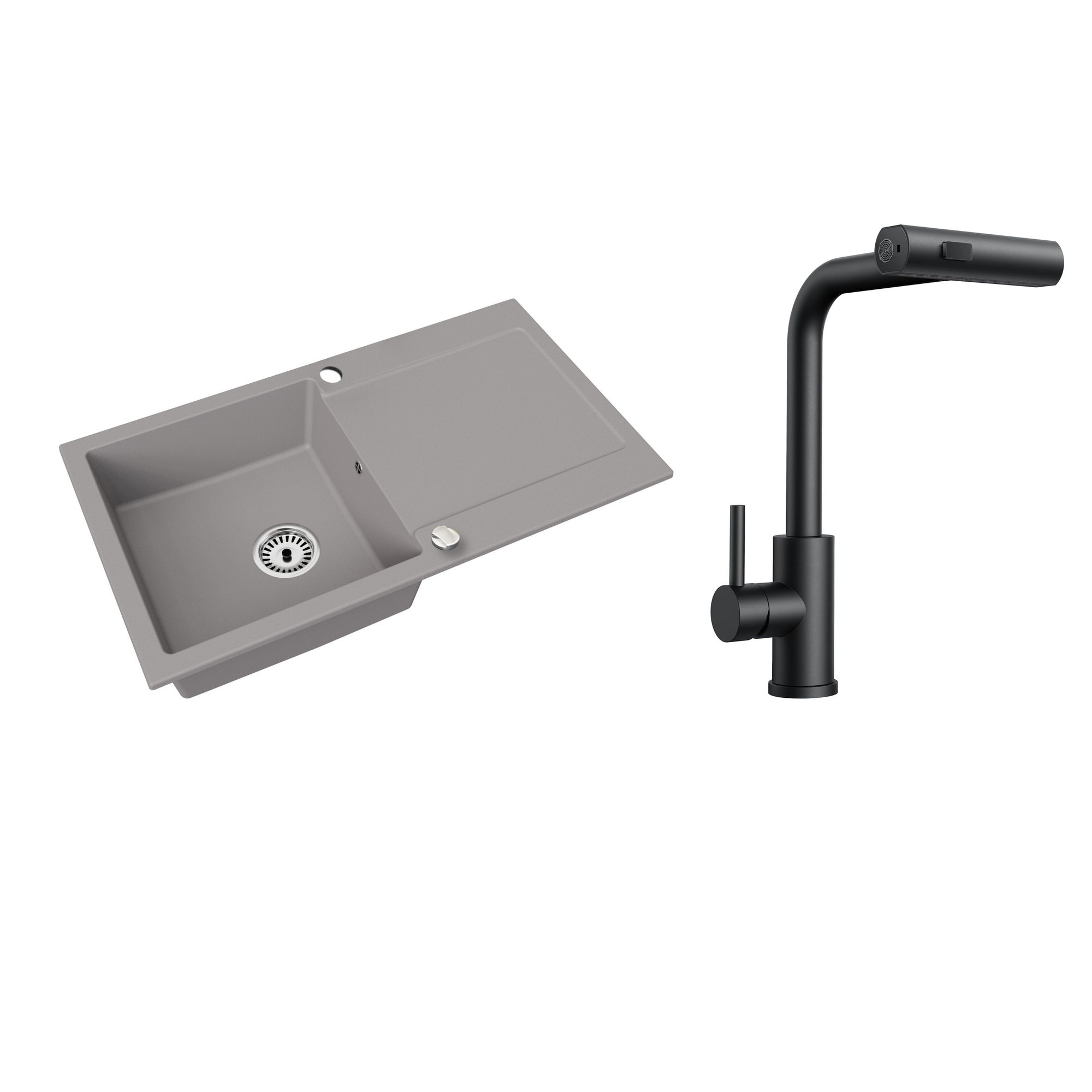 Granitspüle Element mit Abtropffläche – Einbauspüle beidseitig montierbar, inkl. Siphon Mit Armatur