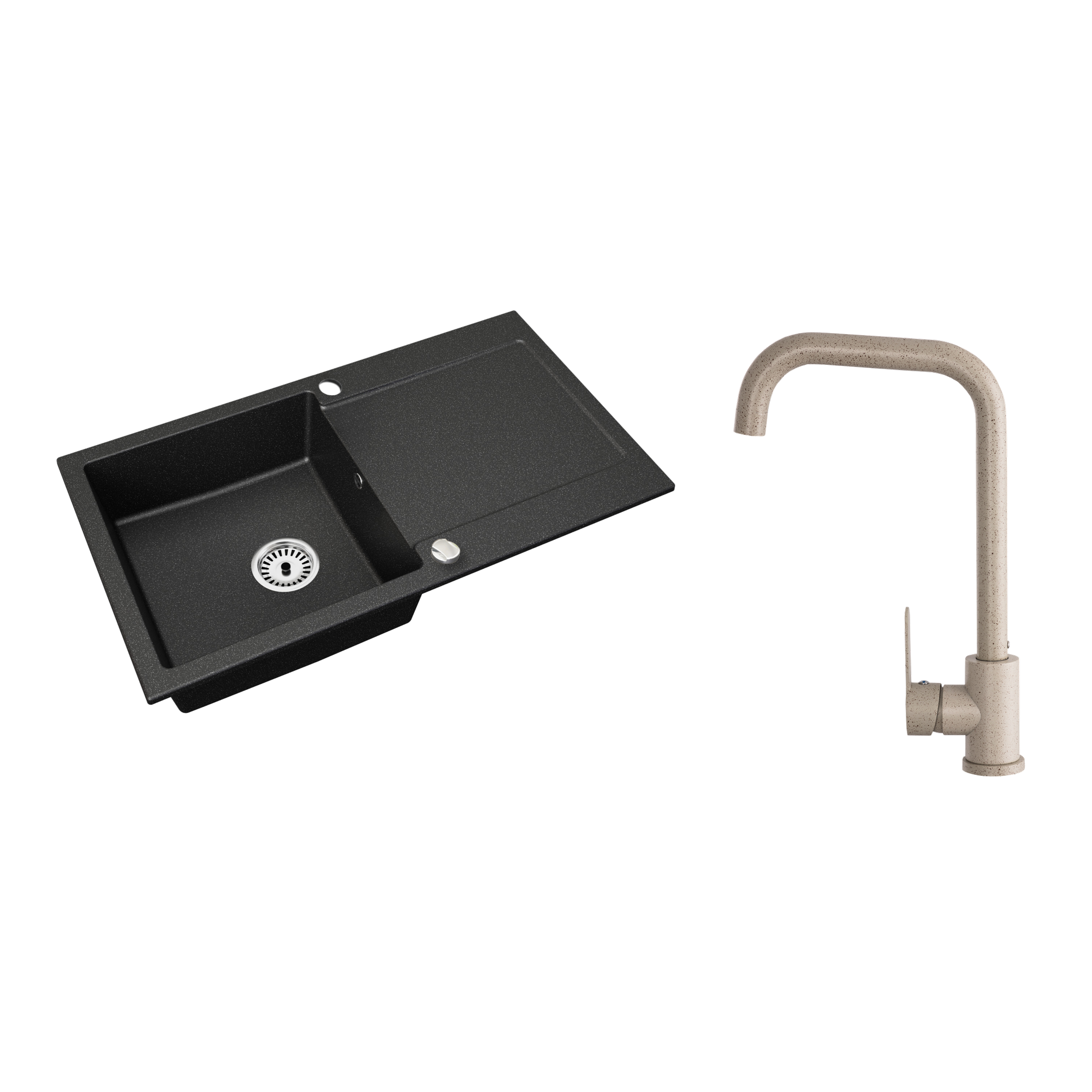 Granitspüle Element mit Abtropffläche – Einbauspüle beidseitig montierbar, inkl. Siphon Mit Armatur