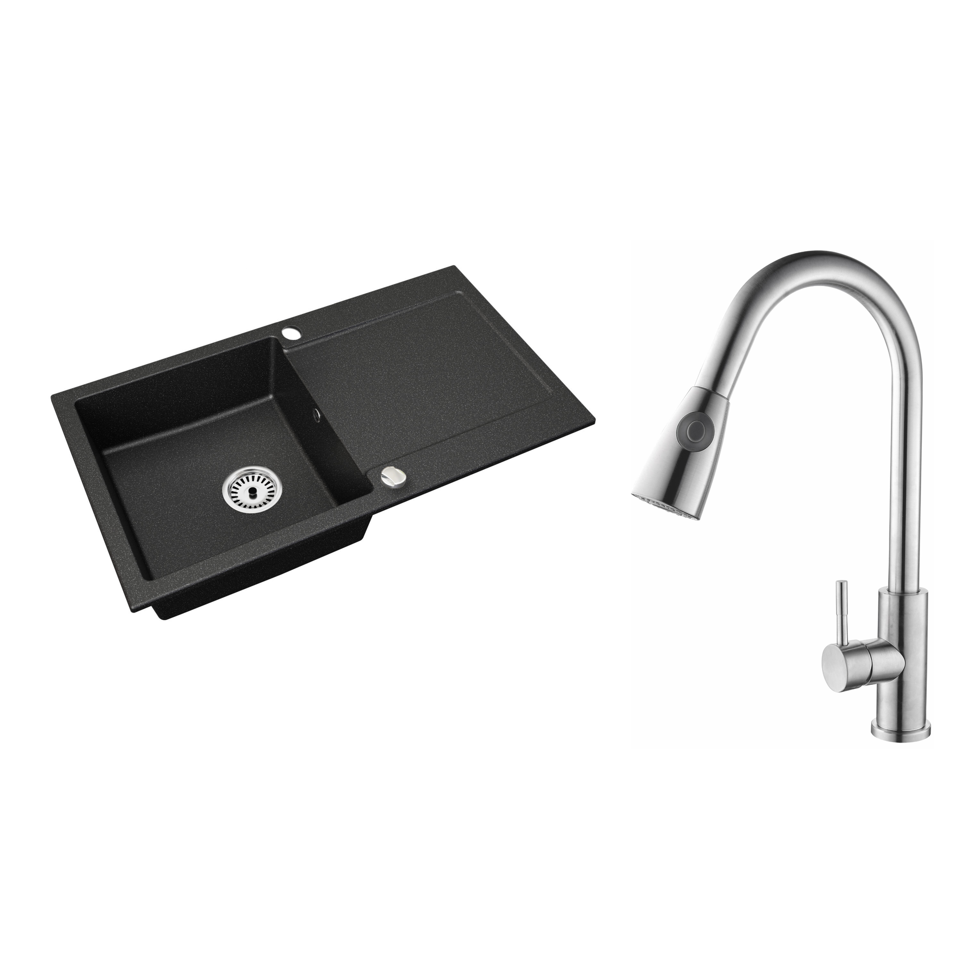 Granitspüle Element mit Abtropffläche – Einbauspüle beidseitig montierbar, inkl. Siphon Mit Armatur