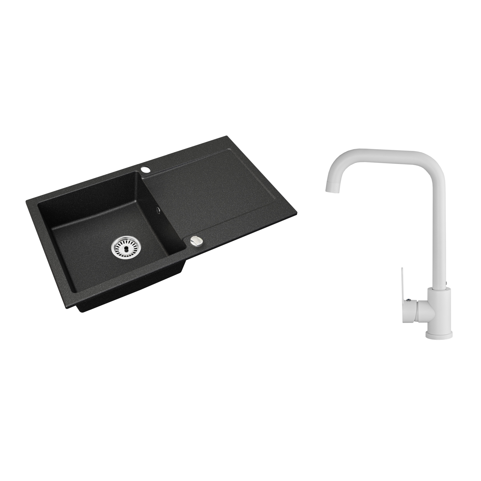 Granitspüle Element mit Abtropffläche – Einbauspüle beidseitig montierbar, inkl. Siphon Mit Armatur