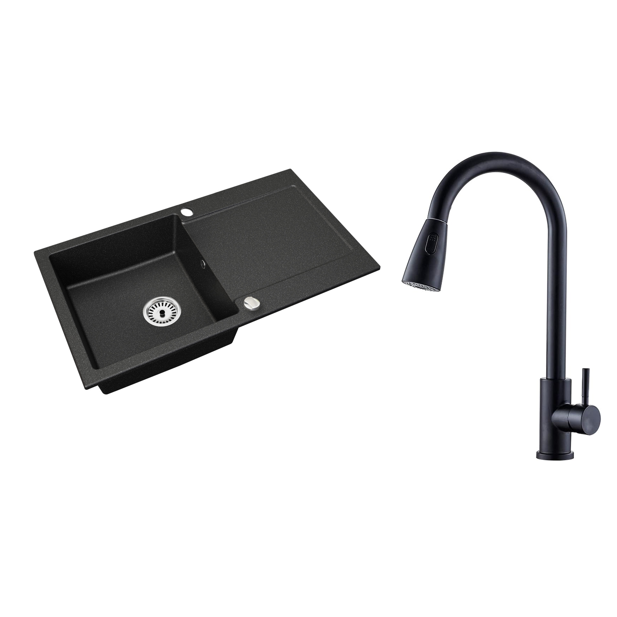 Granitspüle Element mit Abtropffläche – Einbauspüle beidseitig montierbar, inkl. Siphon Mit Armatur