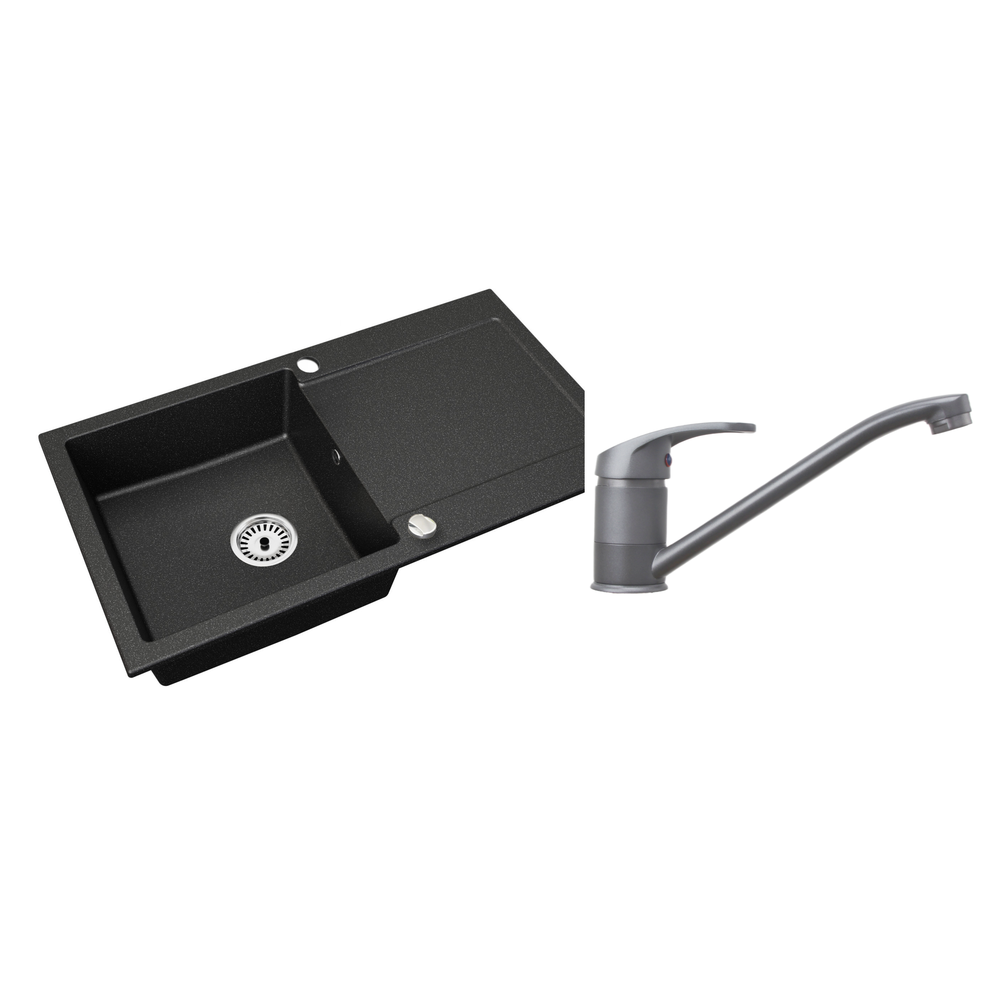 Granitspüle Element mit Abtropffläche – Einbauspüle beidseitig montierbar, inkl. Siphon Mit Armatur