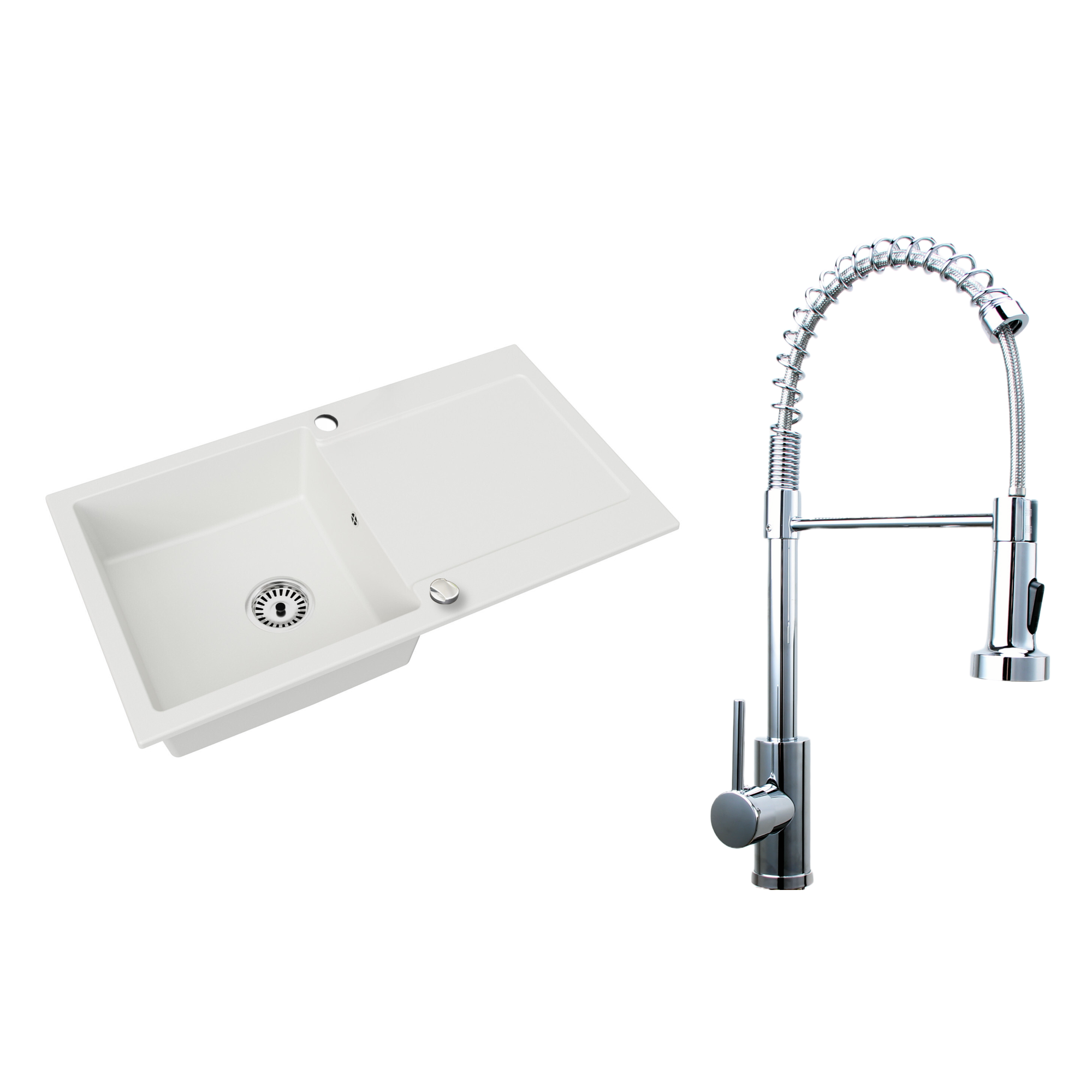Granitspüle Element mit Abtropffläche – Einbauspüle beidseitig montierbar, inkl. Siphon Mit Armatur