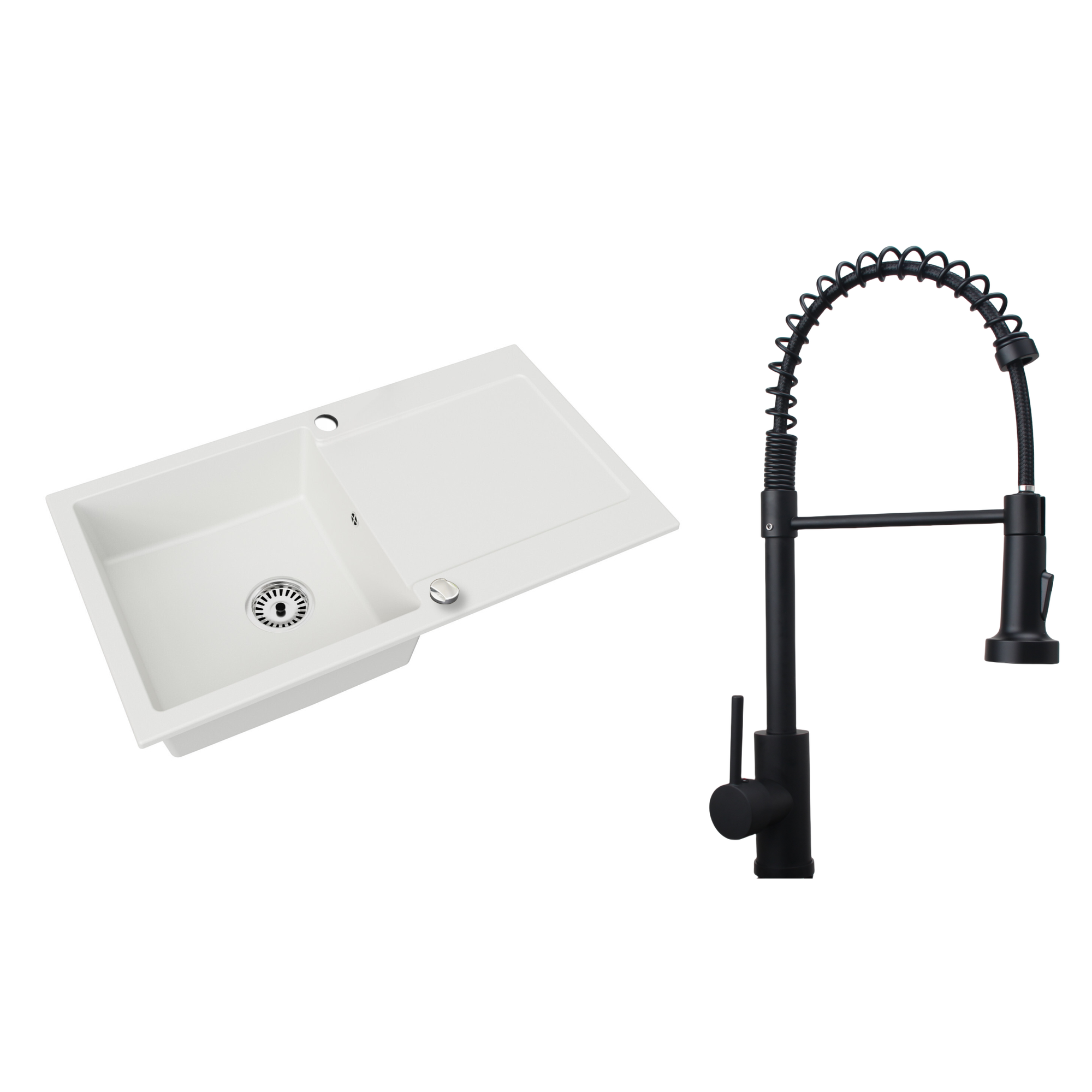 Granitspüle Element mit Abtropffläche – Einbauspüle beidseitig montierbar, inkl. Siphon Mit Armatur