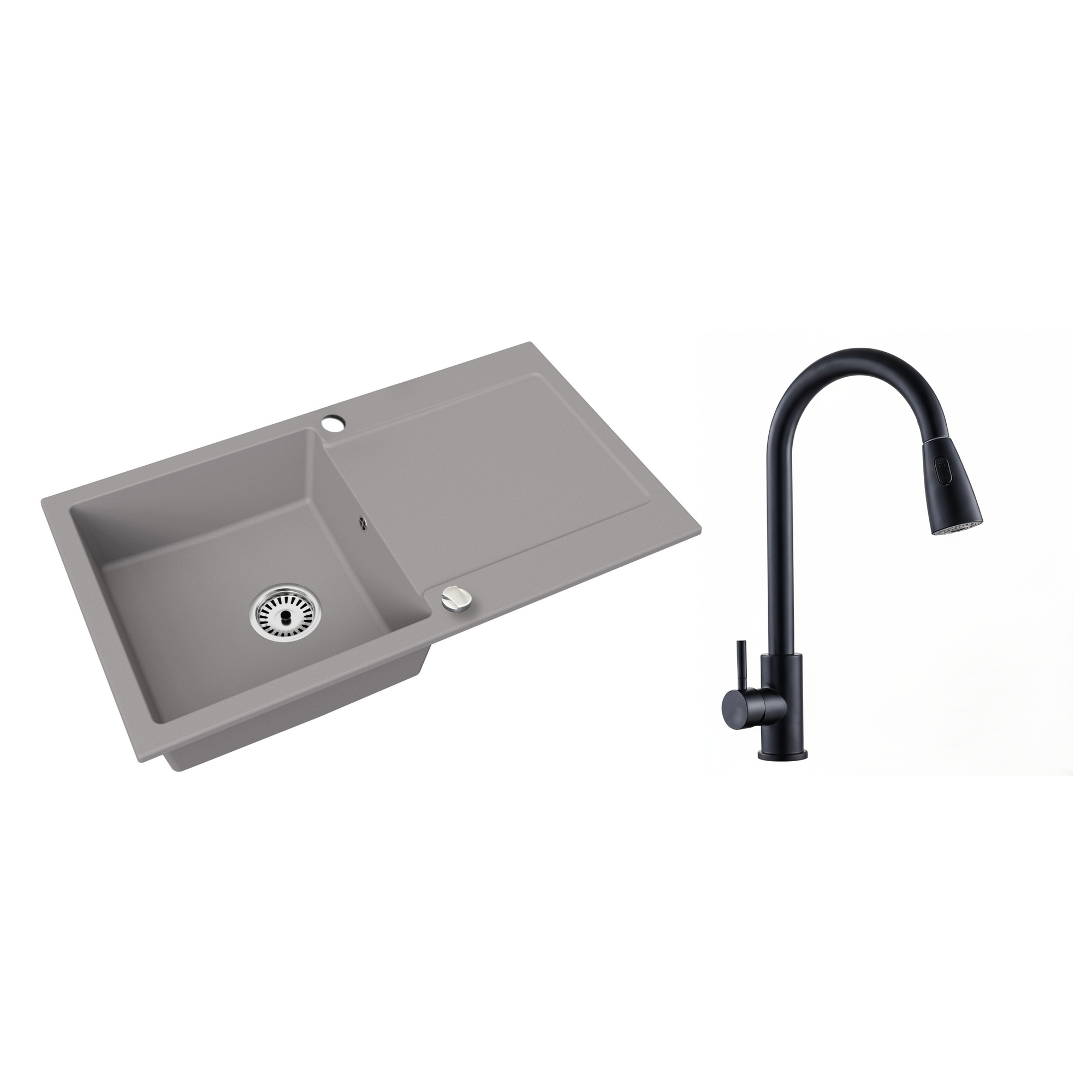 Granitspüle Element mit Abtropffläche – Einbauspüle beidseitig montierbar, inkl. Siphon Mit Armatur
