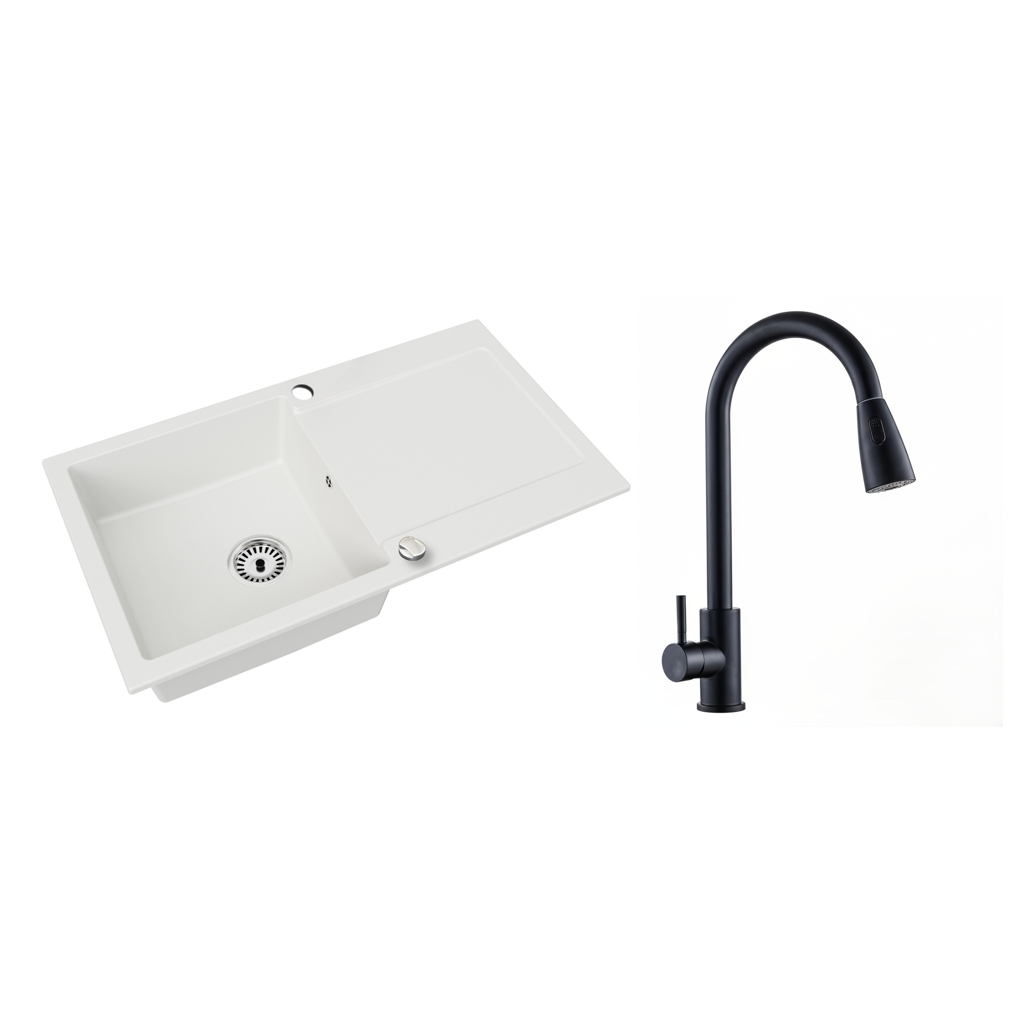 Granitspüle Element mit Abtropffläche – Einbauspüle beidseitig montierbar, inkl. Siphon Mit Armatur