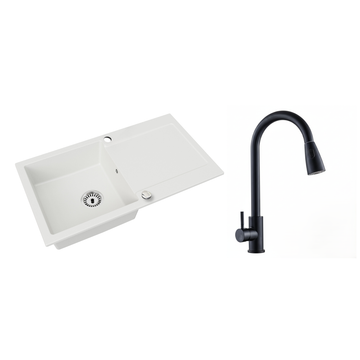 Granitspüle Element mit Abtropffläche – Einbauspüle beidseitig montierbar, inkl. Siphon Mit Armatur