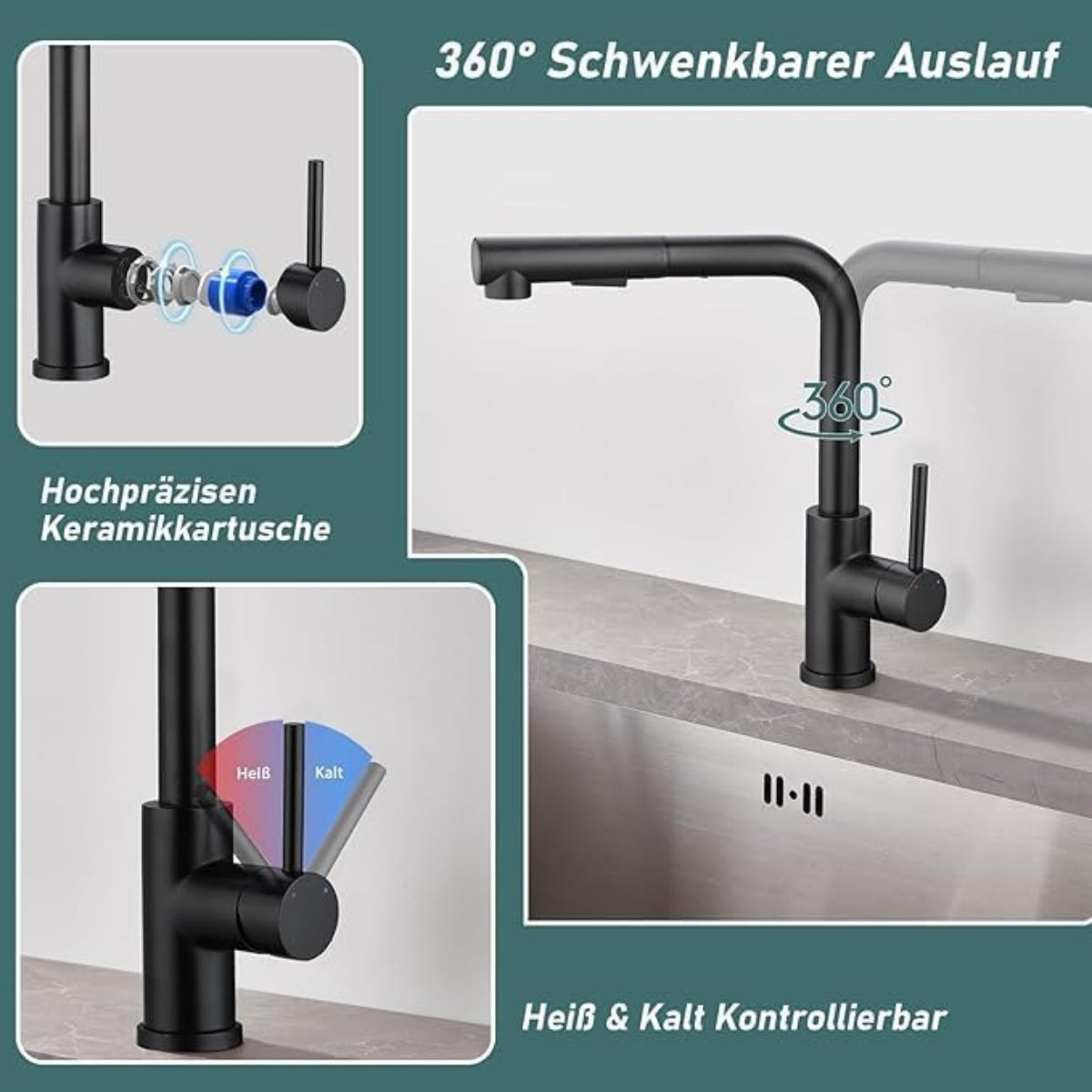 Granitspüle 100x50 cm – 1,5 Becken mit Abtropffläche beidseitig montierbar, inkl. Armatur & Siphon-Set