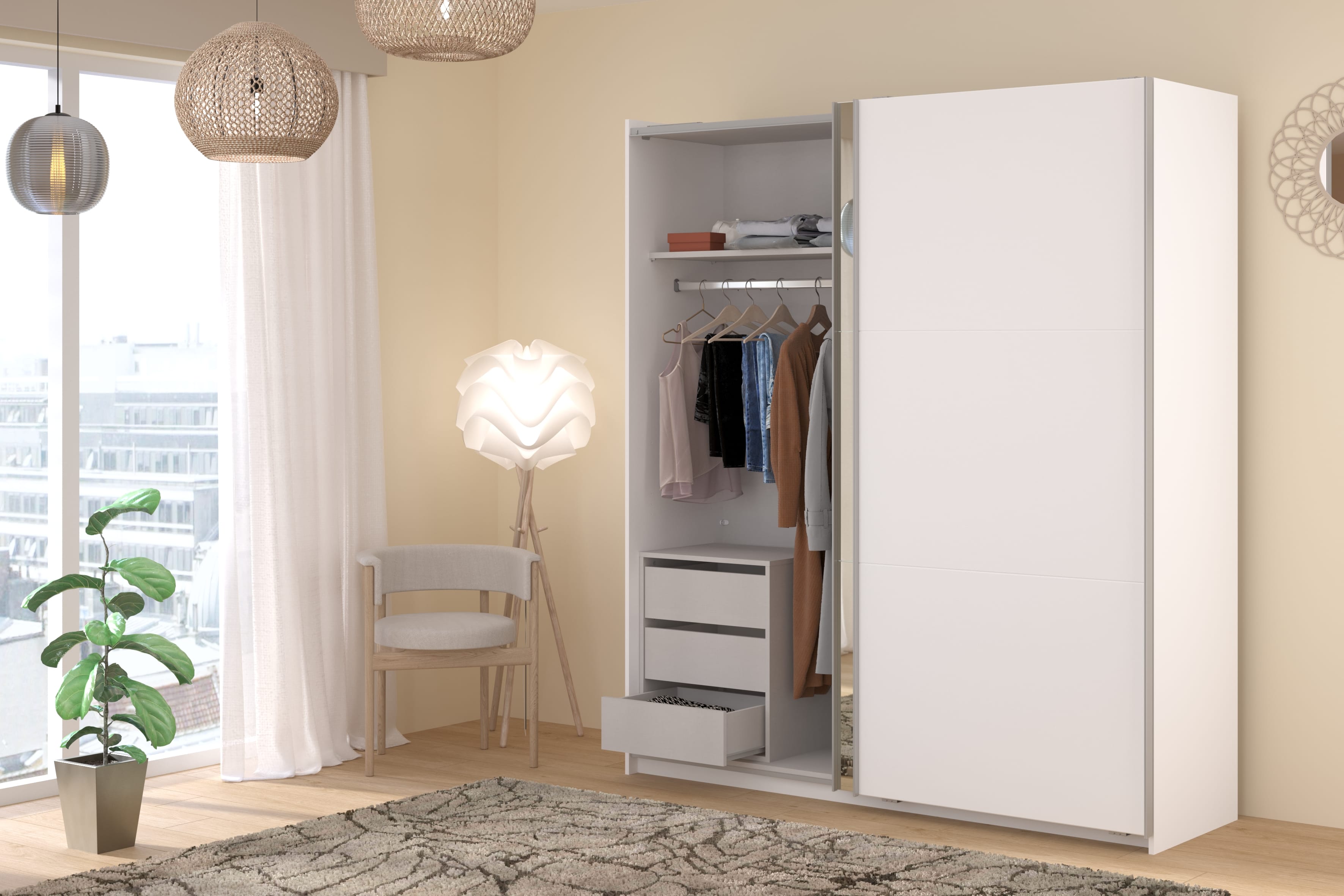 Parisot Swing 14 Kleiderschrank mit Spiegeltür links, Schiebetüren, Soft-Close & 3 Schubkästen – Weiß, 178 cm