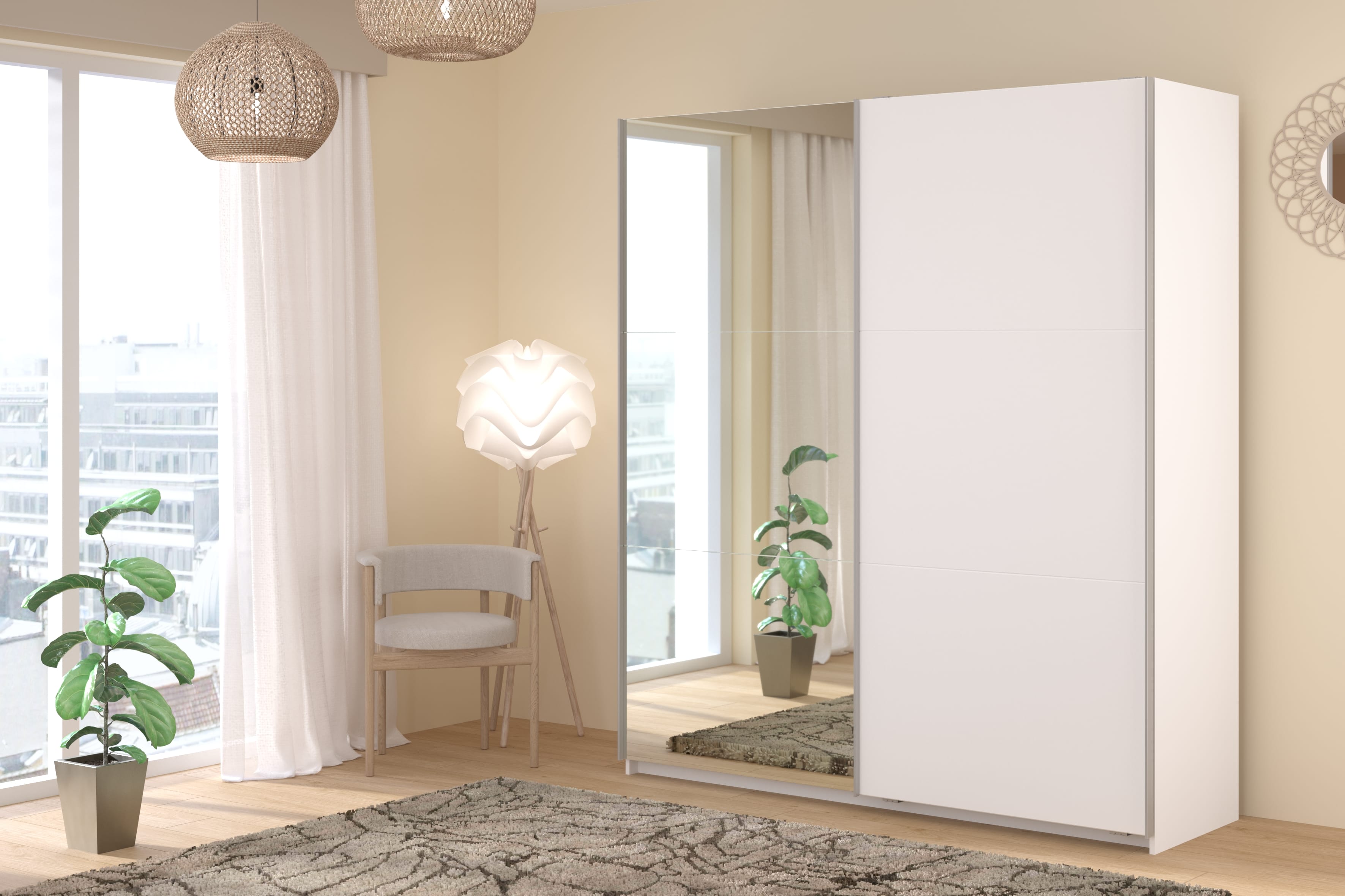 Parisot Swing 14 Kleiderschrank mit Spiegeltür links, Schiebetüren, Soft-Close & 3 Schubkästen – Weiß, 178 cm