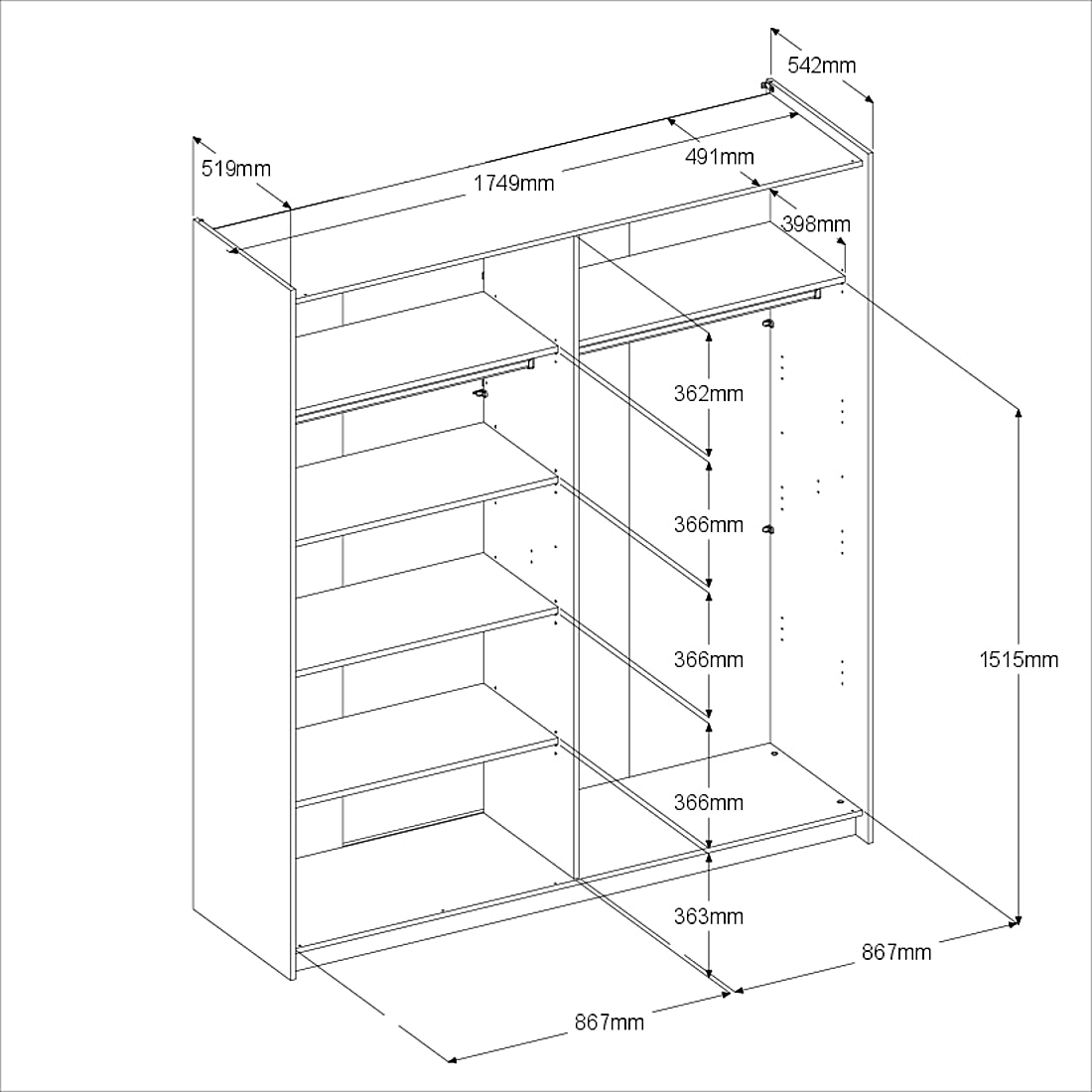Parisot Swing 18 Kleiderschrank Eiche mit Spiegeltür links, Schiebetüren, Soft-Close & 3 Schubkästen – 178 cm