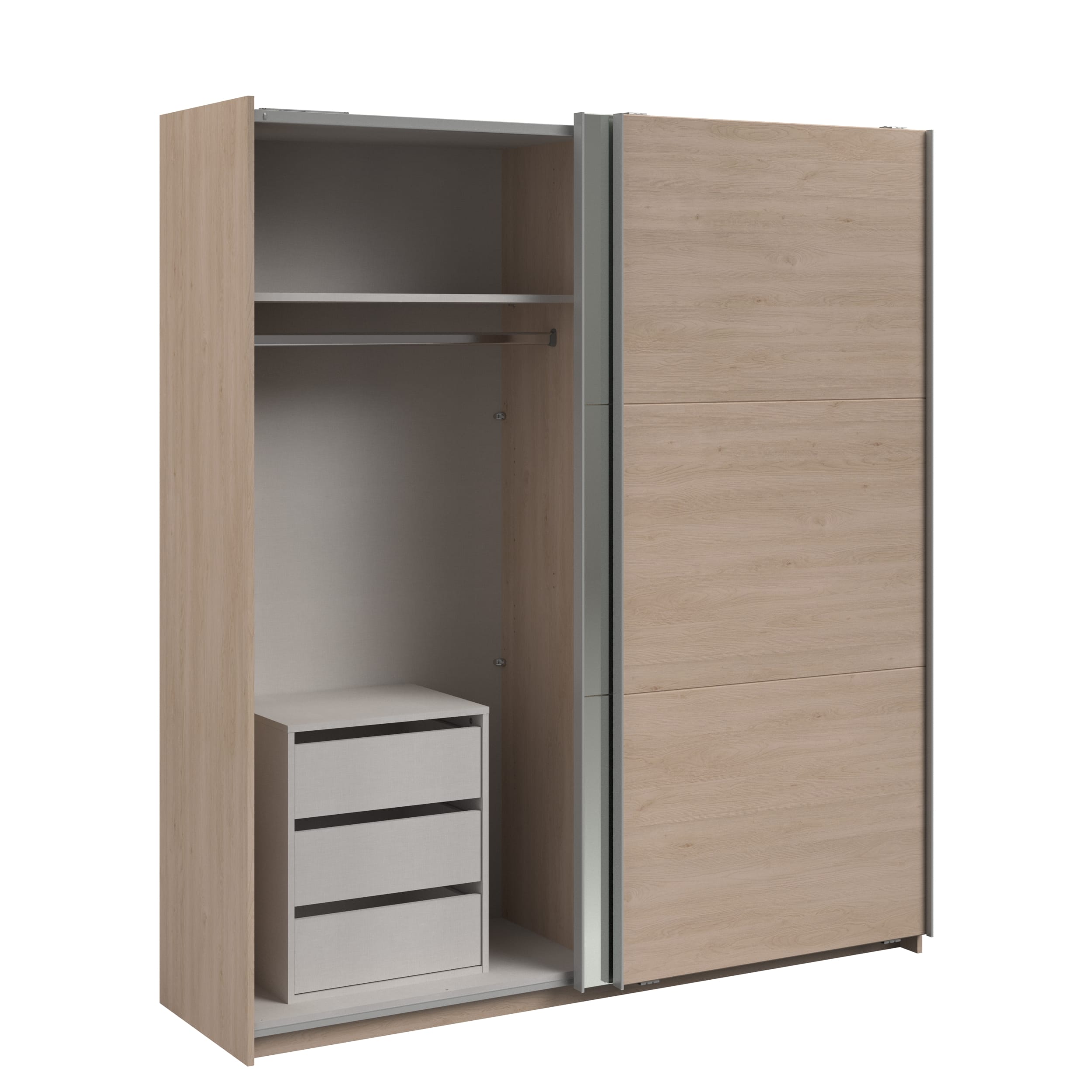 Parisot Swing 18 Kleiderschrank Eiche mit Spiegeltür links, Schiebetüren, Soft-Close & 3 Schubkästen – 178 cm