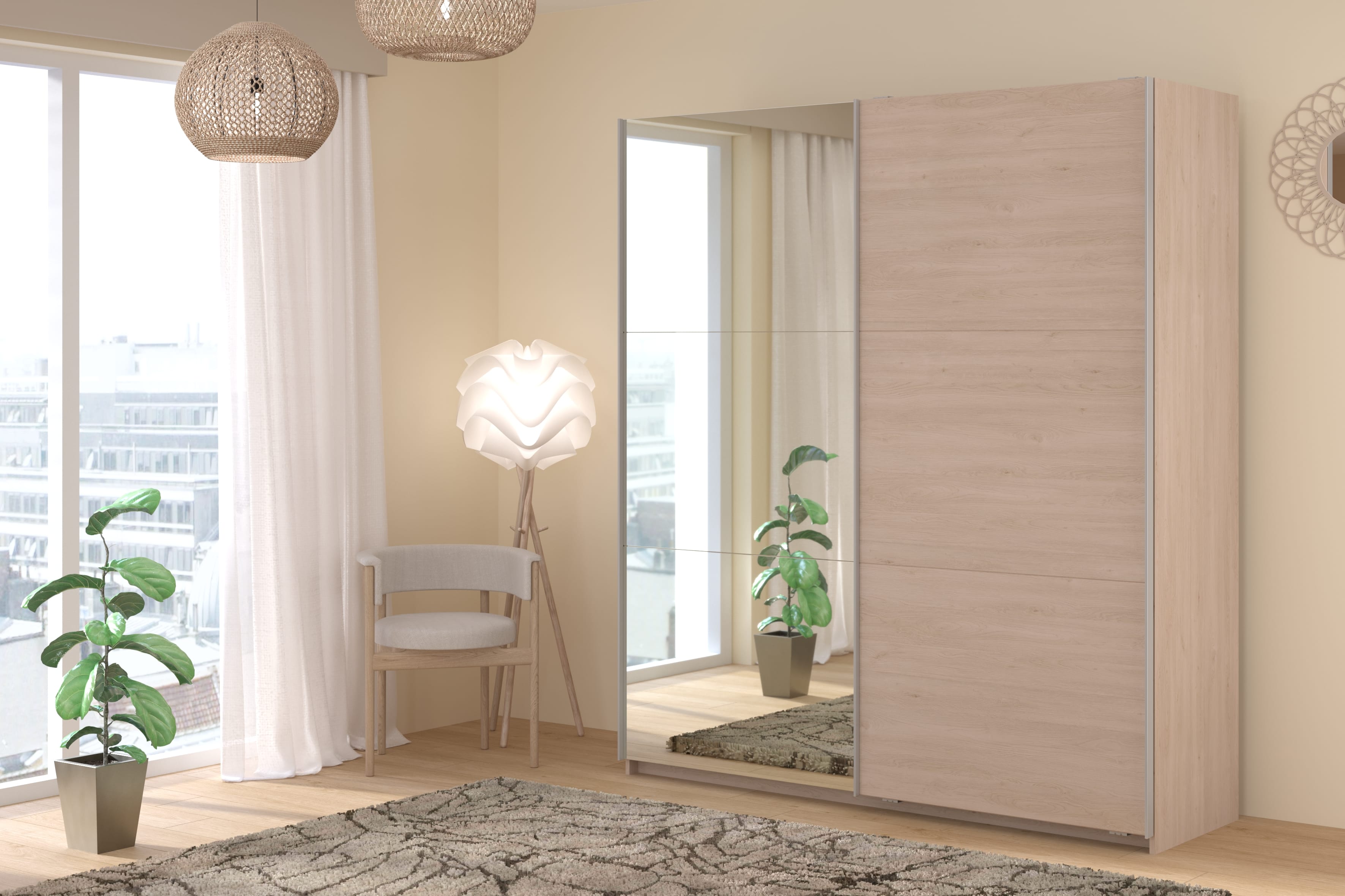Parisot Swing 18 Kleiderschrank Eiche mit Spiegeltür links, Schiebetüren, Soft-Close & 3 Schubkästen – 178 cm