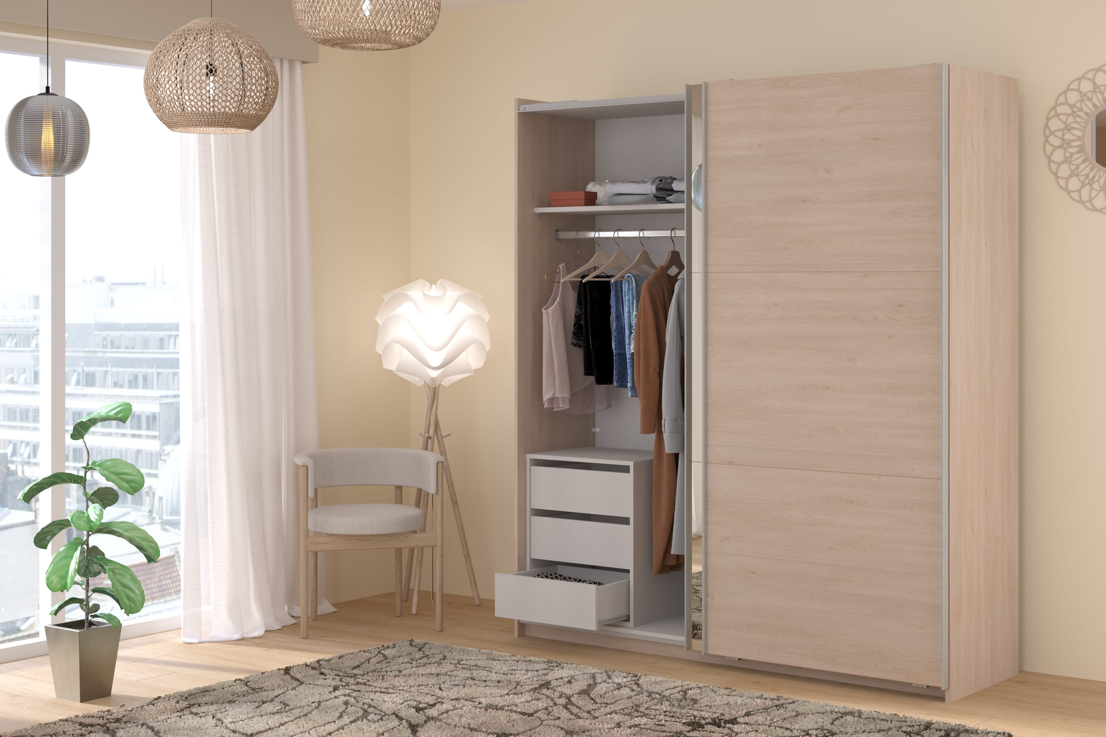 Parisot Swing 18 Kleiderschrank Eiche mit Spiegeltür links, Schiebetüren, Soft-Close & 3 Schubkästen – 178 cm