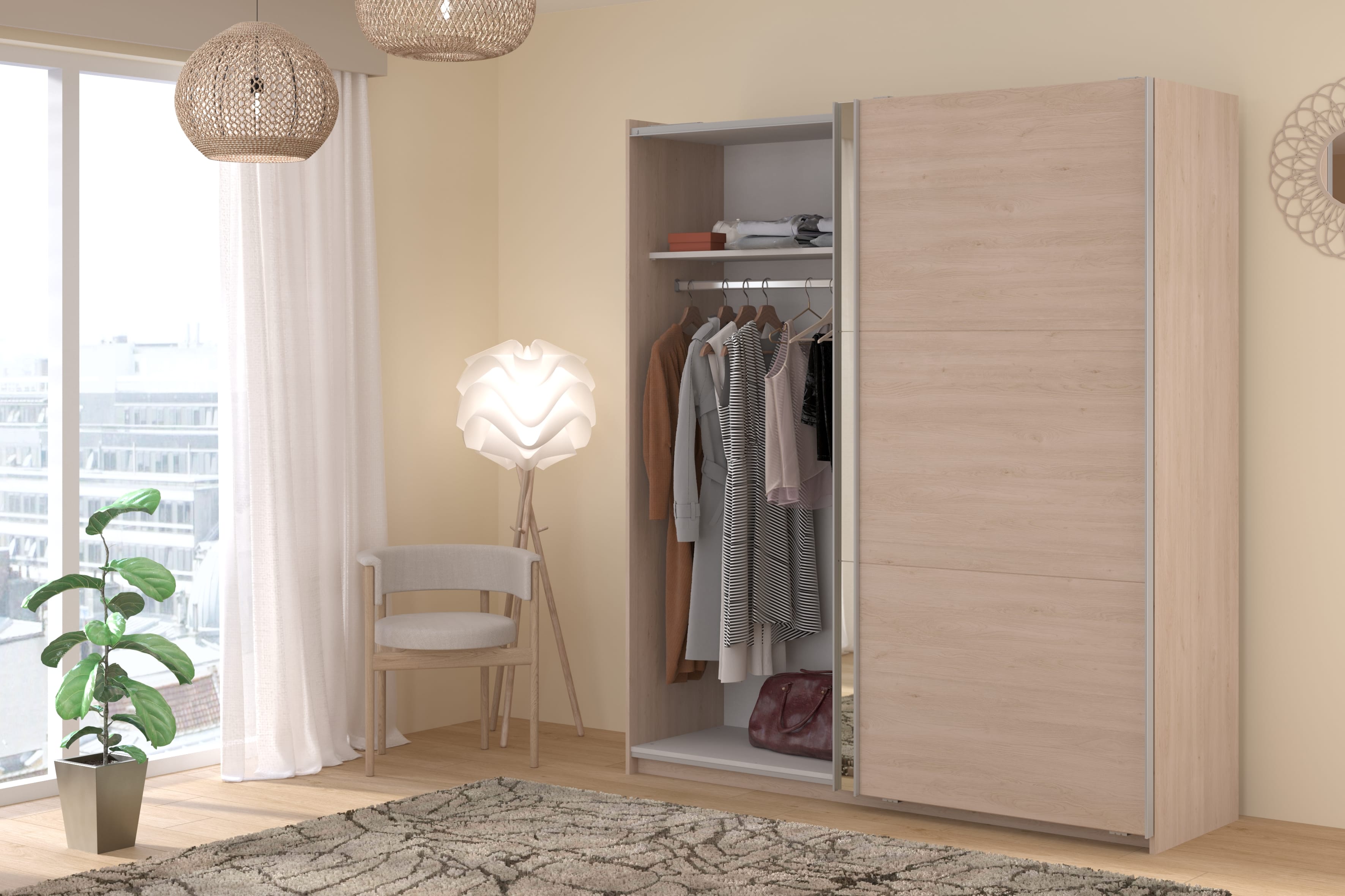 Parisot Swing 18 Kleiderschrank Eiche mit Spiegeltür links, Schiebetüren, Soft-Close & 3 Schubkästen – 178 cm