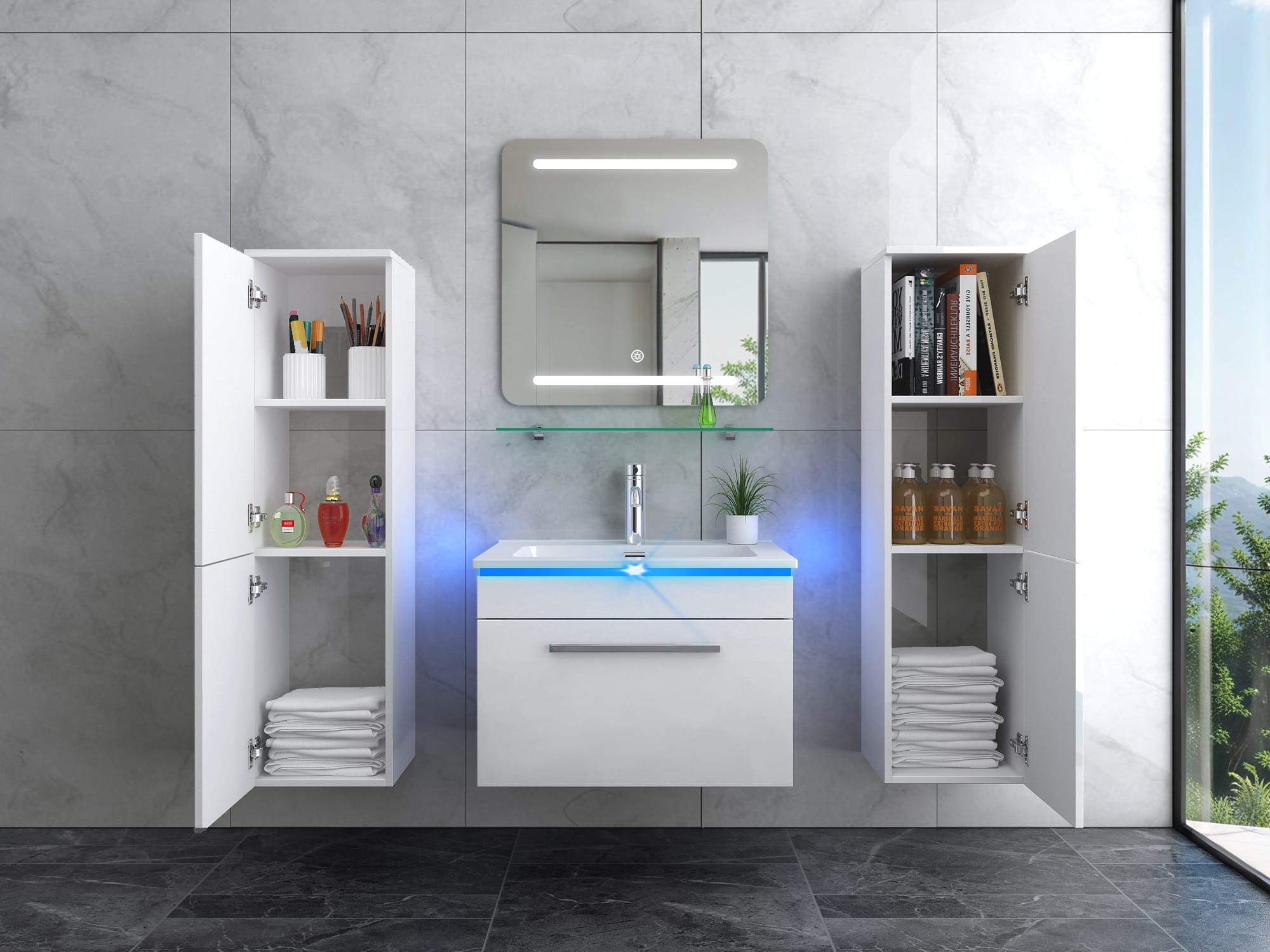 Faizee Home Badmöbelset 60 cm Hochglanz inkl. Keramik-Waschbecken, LED-Spiegel & Soft-Close
