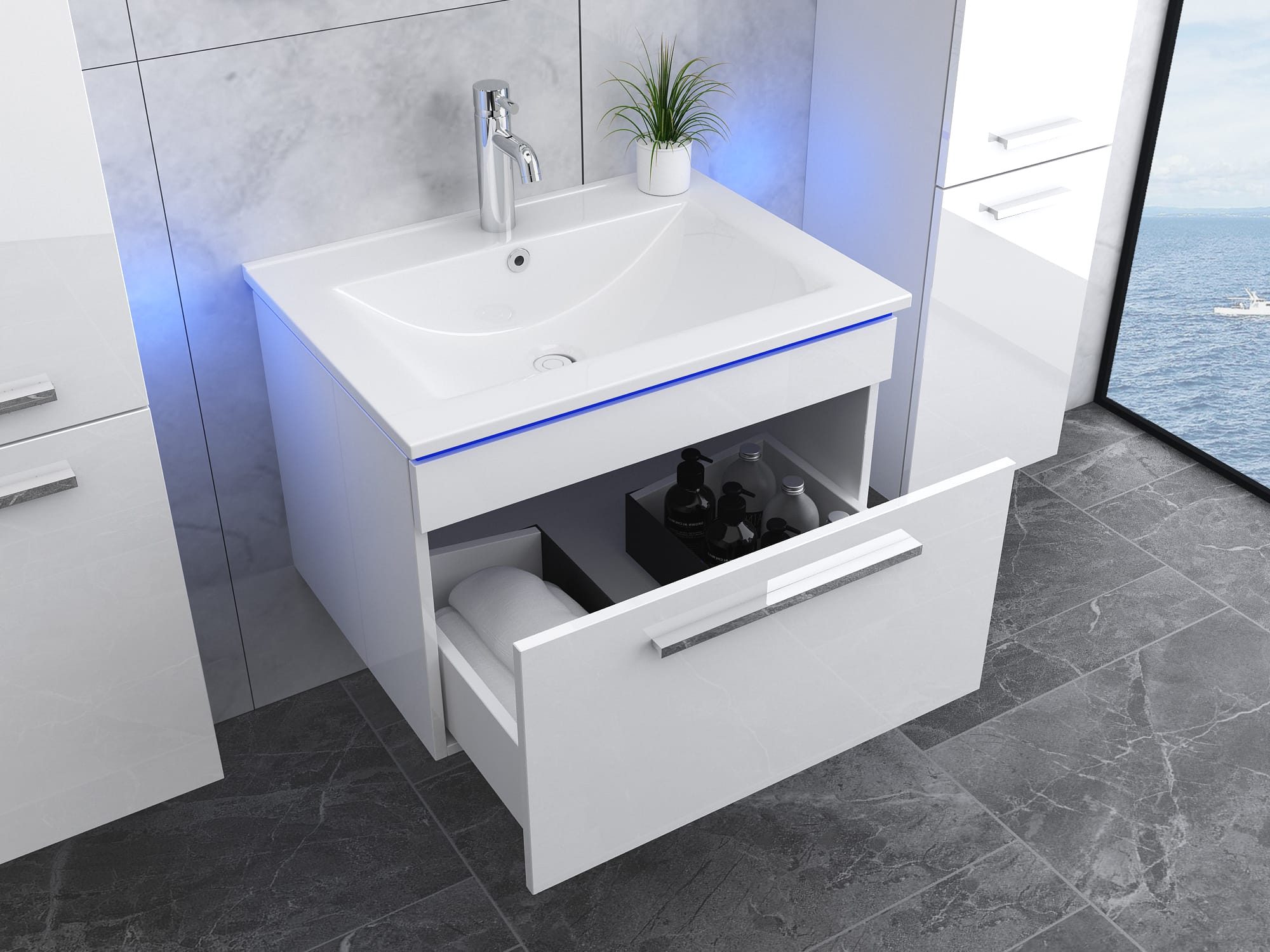 Faizee Home Badmöbelset 60 cm Hochglanz inkl. Keramik-Waschbecken, LED-Spiegel & Soft-Close