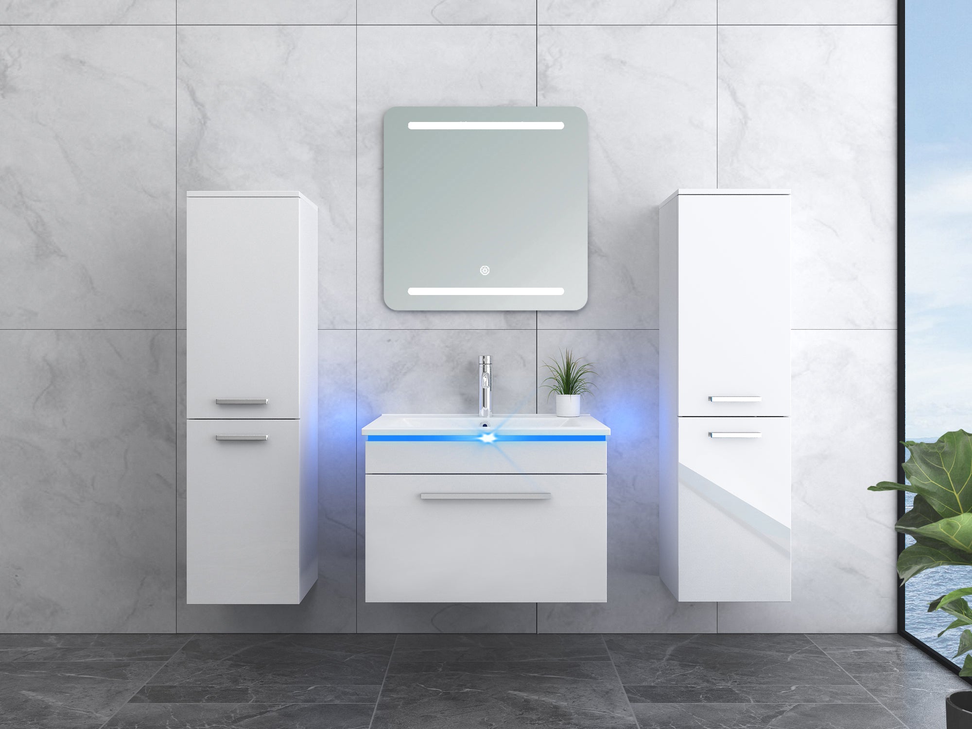 Faizee Home Badmöbelset 60 cm Hochglanz inkl. Keramik-Waschbecken, LED-Spiegel & Soft-Close