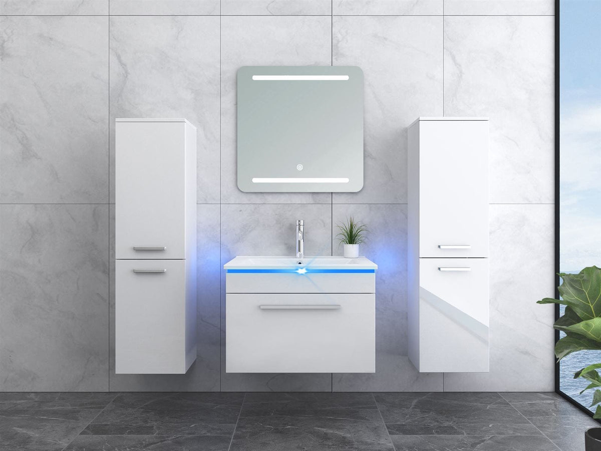 Faizee Home Badmöbelset 60 cm Hochglanz inkl. Keramik-Waschbecken, LED-Spiegel & Soft-Close