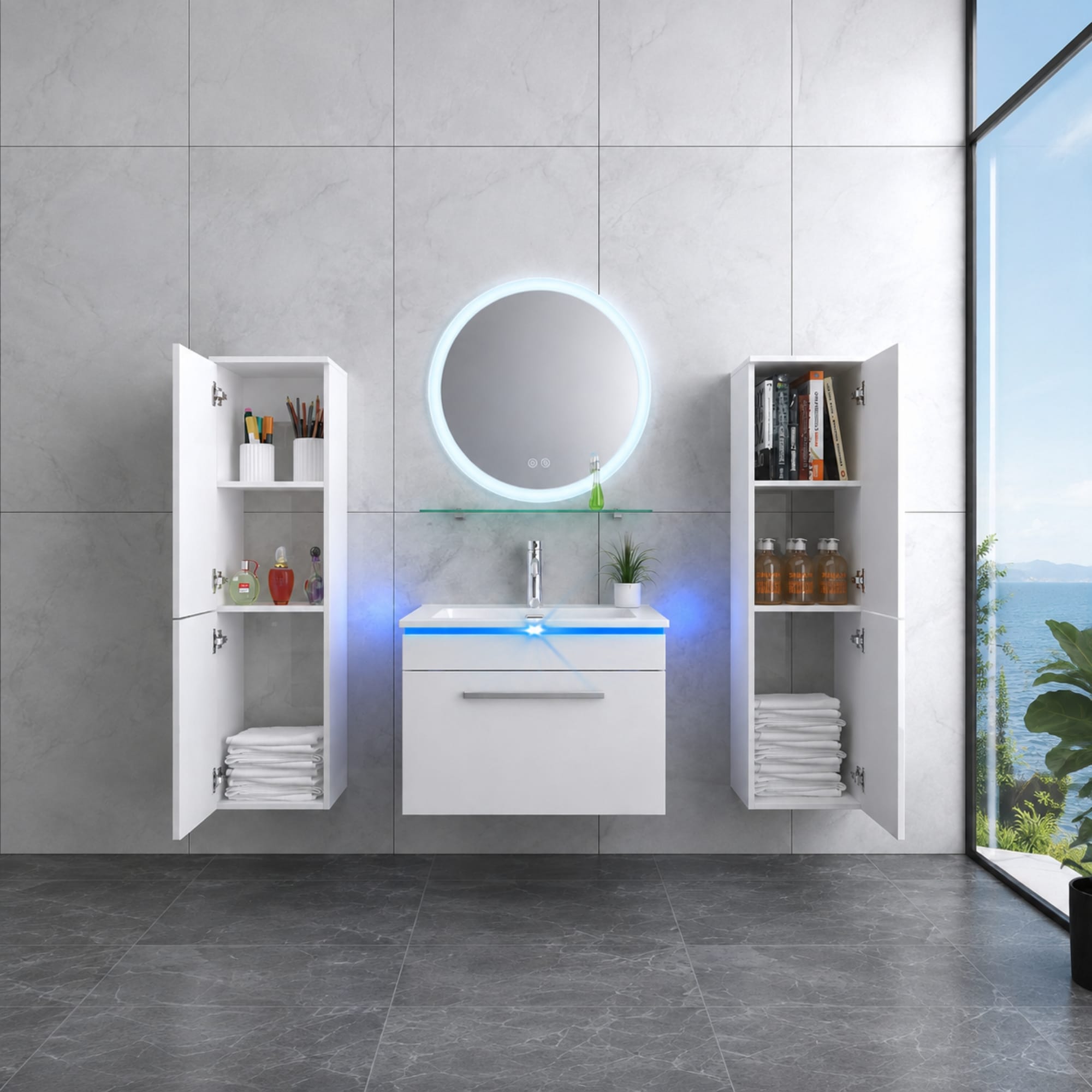 Faizee Home Badmöbelset 60 cm Hochglanz inkl. Keramik-Waschbecken, LED-Spiegel & Soft-Close