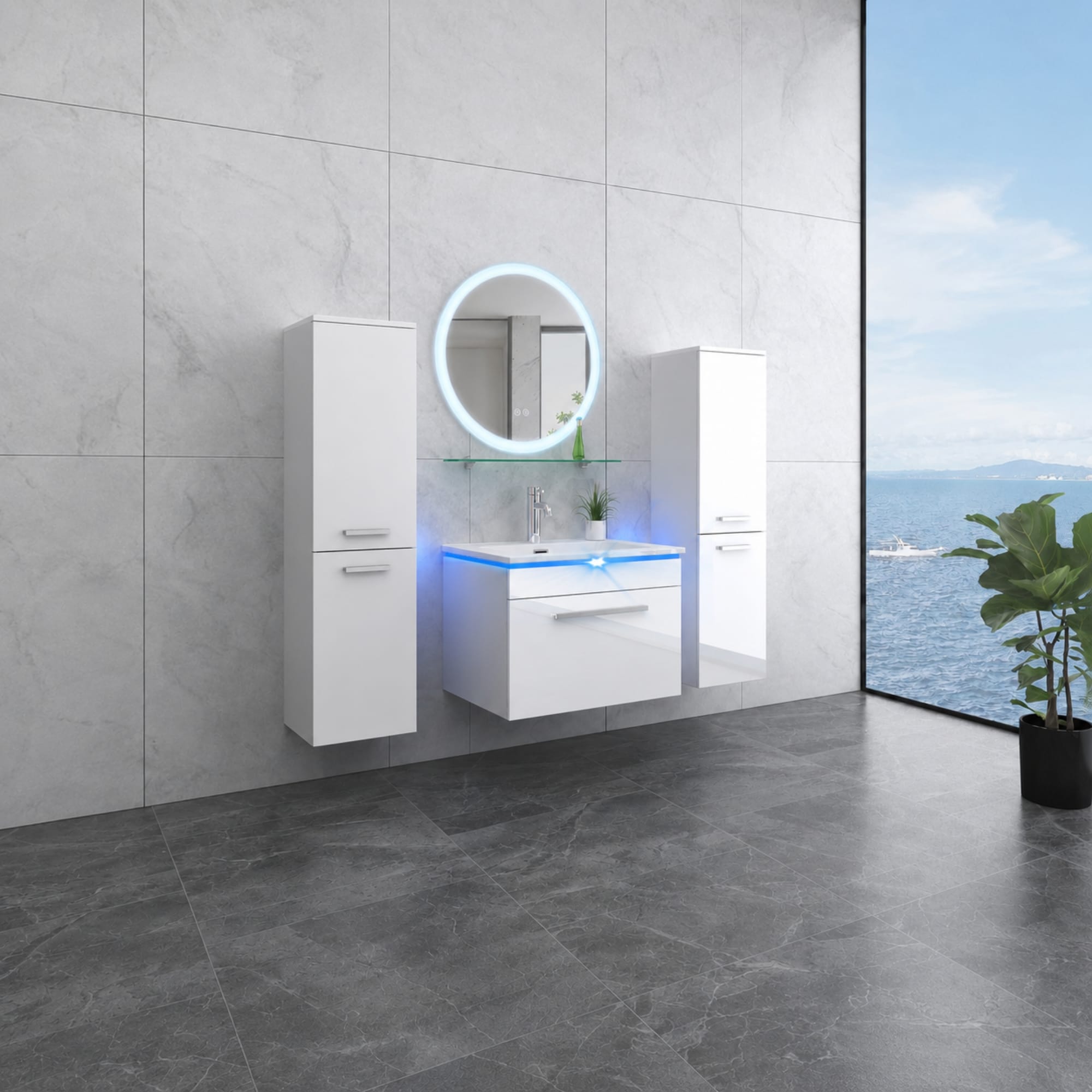 Faizee Home Badmöbelset 60 cm Hochglanz inkl. Keramik-Waschbecken, LED-Spiegel & Soft-Close