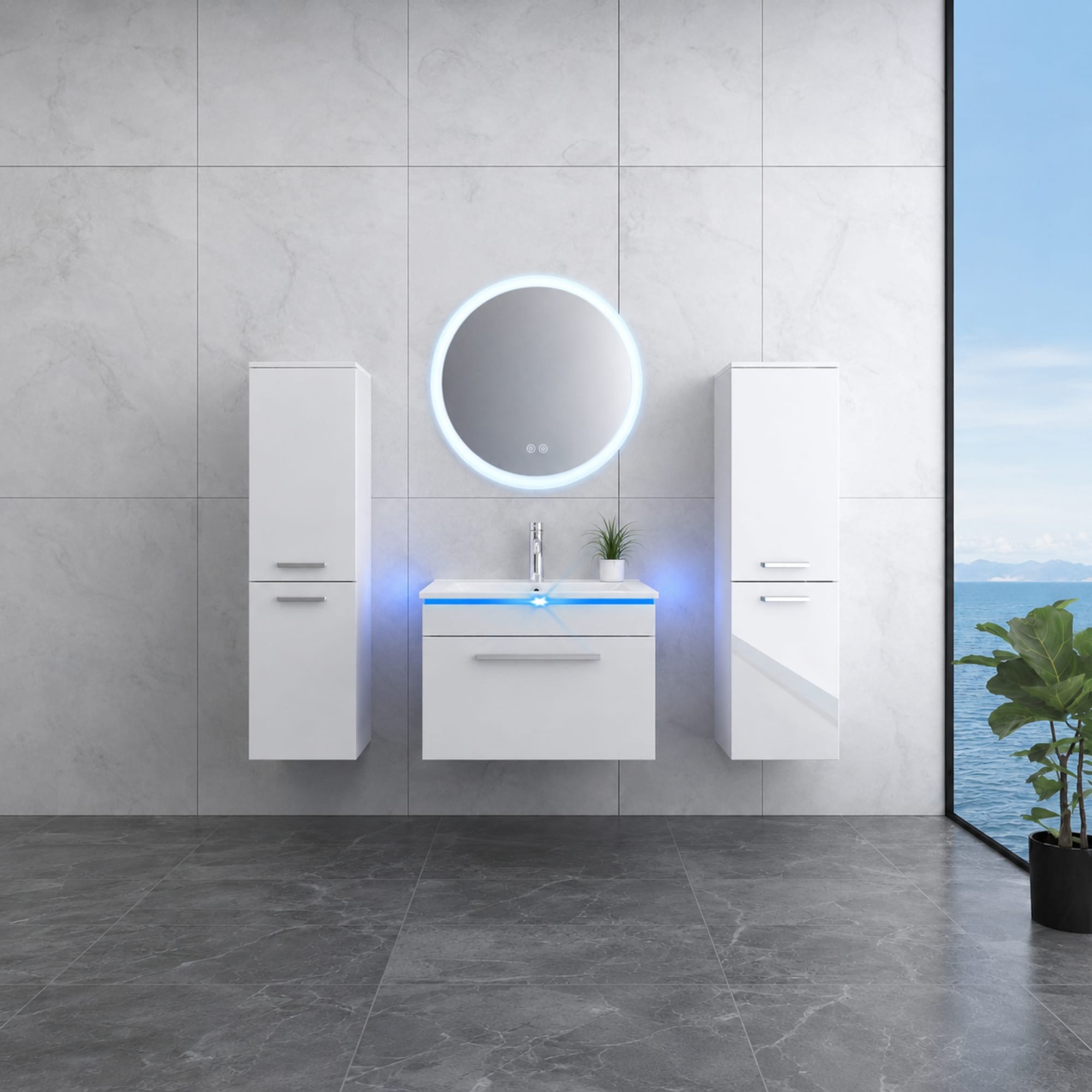 Faizee Home Badmöbelset 60 cm Hochglanz inkl. Keramik-Waschbecken, LED-Spiegel & Soft-Close