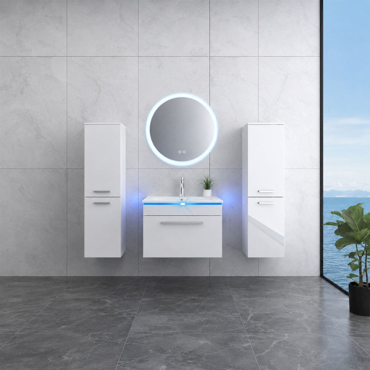 Faizee Home Badmöbelset 60 cm Hochglanz inkl. Keramik-Waschbecken, LED-Spiegel & Soft-Close