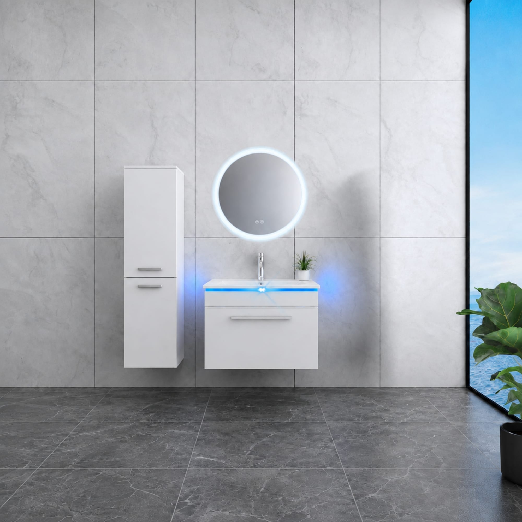 Faizee Home Badmöbelset 60 cm Hochglanz inkl. Keramik-Waschbecken, LED-Spiegel & Soft-Close