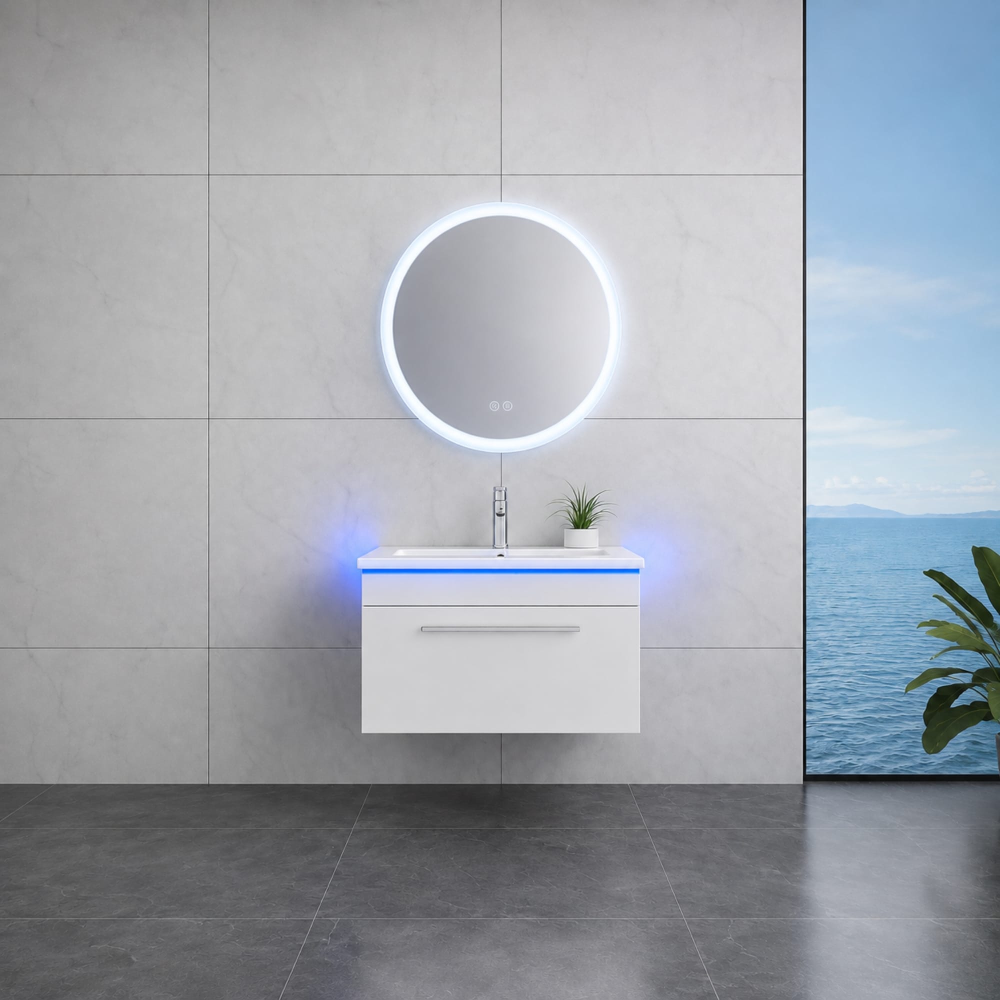 Faizee Home Badmöbelset 60 cm Hochglanz inkl. Keramik-Waschbecken, LED-Spiegel & Soft-Close