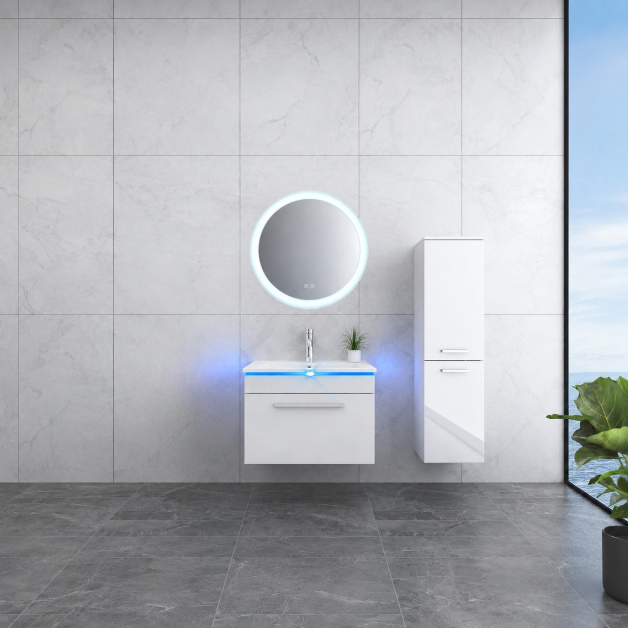 Faizee Home Badmöbelset 60 cm Hochglanz inkl. Keramik-Waschbecken, LED-Spiegel & Soft-Close