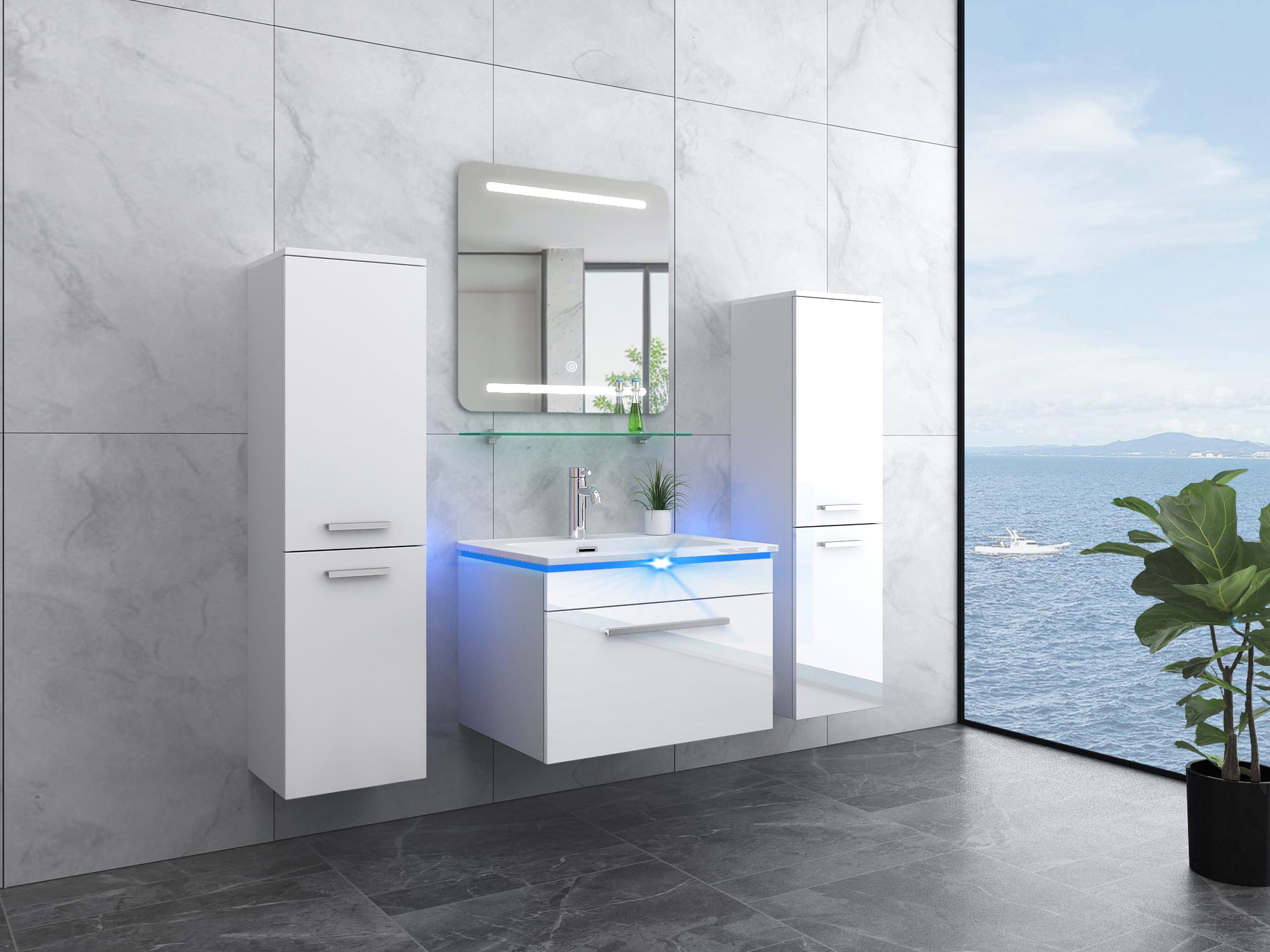 Faizee Home Badmöbelset 60 cm Hochglanz inkl. Keramik-Waschbecken, LED-Spiegel & Soft-Close