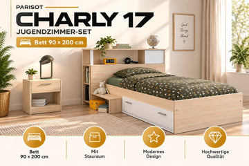 Parisot Charly 17 Jugendzimmer Set 3-teilig – Bett 90x200 mit Bettschubkasten, Anstellregal & Nachttisch – Akazie/Weiß