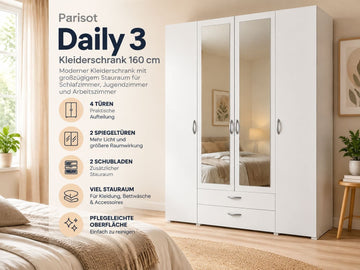 Parisot Daily 3 Kleiderschrank Weiß 160 cm mit Spiegeltüren