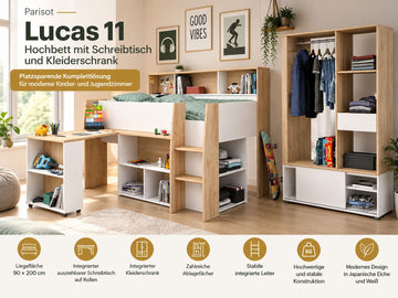 Parisot Lucas 11 Hochbett 90x200 cm mit Schreibtisch & Schrank