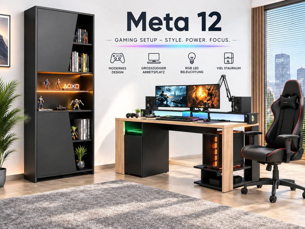 Parisot Meta 12 Gaming Set mit LED – Gaming-Schreibtisch & Regal in Schwarz/Holzoptik