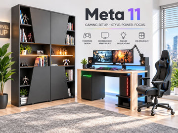 Faizee Home Parisot Meta 11 Gaming Set – Gaming Schreibtisch mit LED-Beleuchtung & Regal Schwarz/Holzoptik