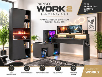 Parisot Work 2 Gaming Set XXL – Gaming-Schreibtisch mit Monitorbrücke, LED & Stauraum-Regal