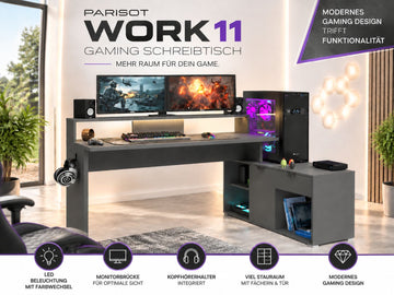 Parisot Work 11 Gaming Tisch 2-teilig – Gaming Eckschreibtisch mit LED Farbwechsel, Headsethalter & Fächern