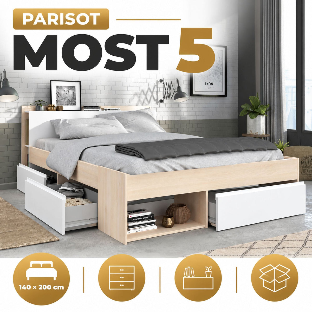 Parisot Most 5 Bett 140x200 cm mit Stauraum, Kopfteil & Schubladen
