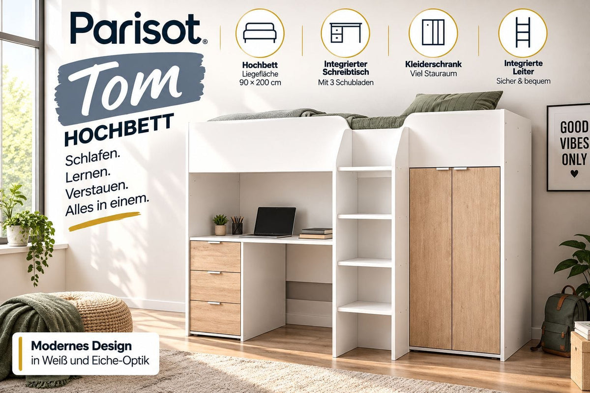 Parisot Tom Hochbett – mit Schreibtisch, 3 Schubladen, Kleiderschrank & Leiter in Weiß
