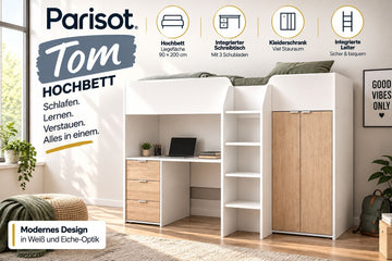 Parisot Tom Hochbett – mit Schreibtisch, 3 Schubladen, Kleiderschrank & Leiter in Weiß